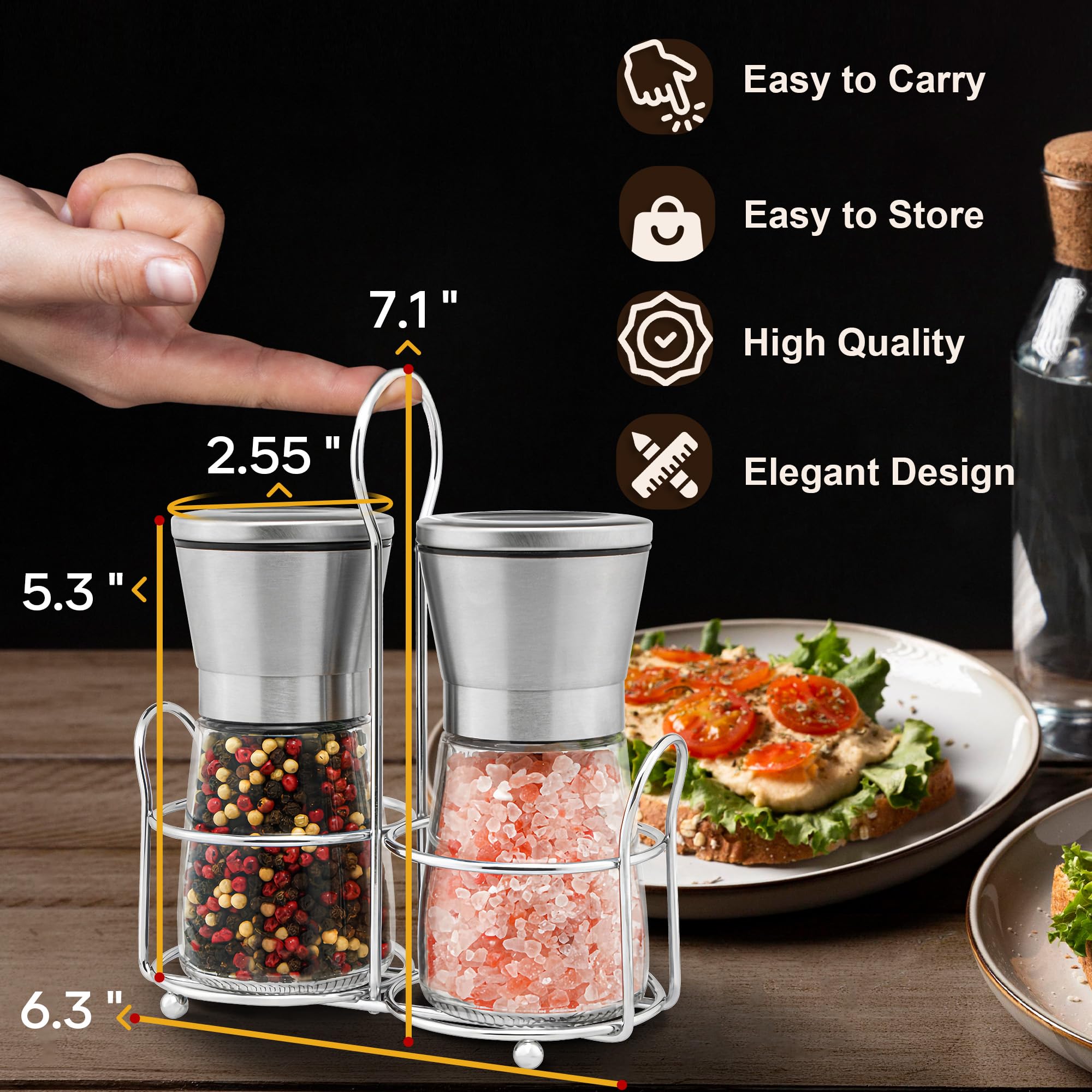 Premium Stainless Steel Salt and Pepper Grinder Set - Adjustable Coarseness, Refillable Glass Shakers for Himalayan Salt & Black Peppercorns with Bonus Stand - Perfect for Kitchen, Dining Table, and Gourmet Cooking