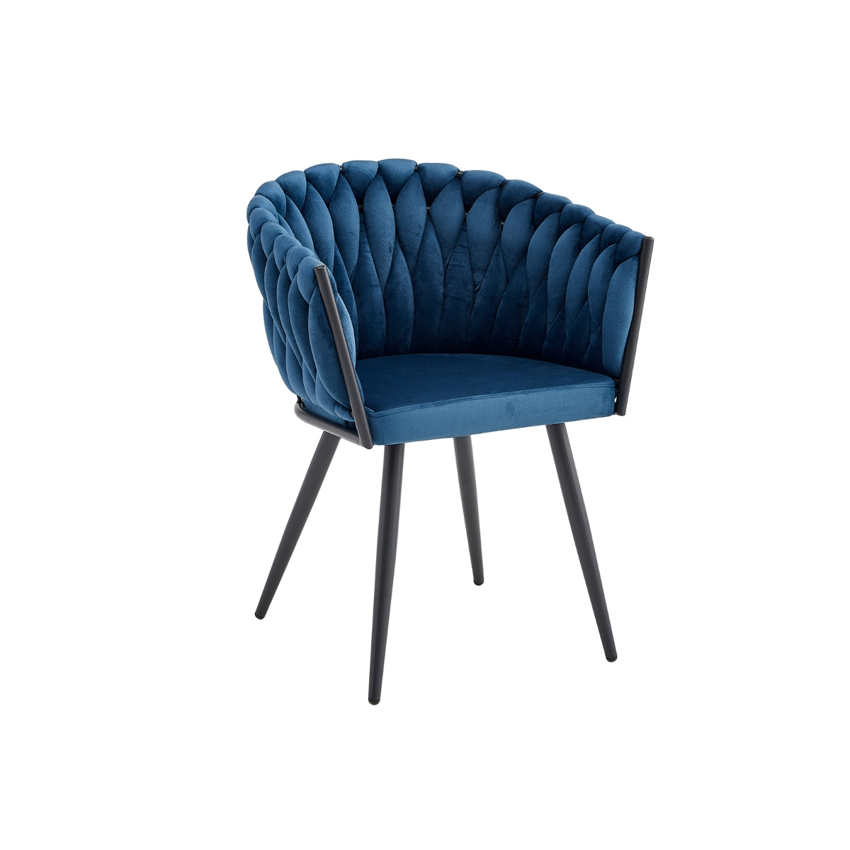 Blue Velvet Braided Arm Chair Set of 2 - Modern Upholstered Accent Chairs with Woven Rattan Detail for Living Room, Bedroom, or Office Decor