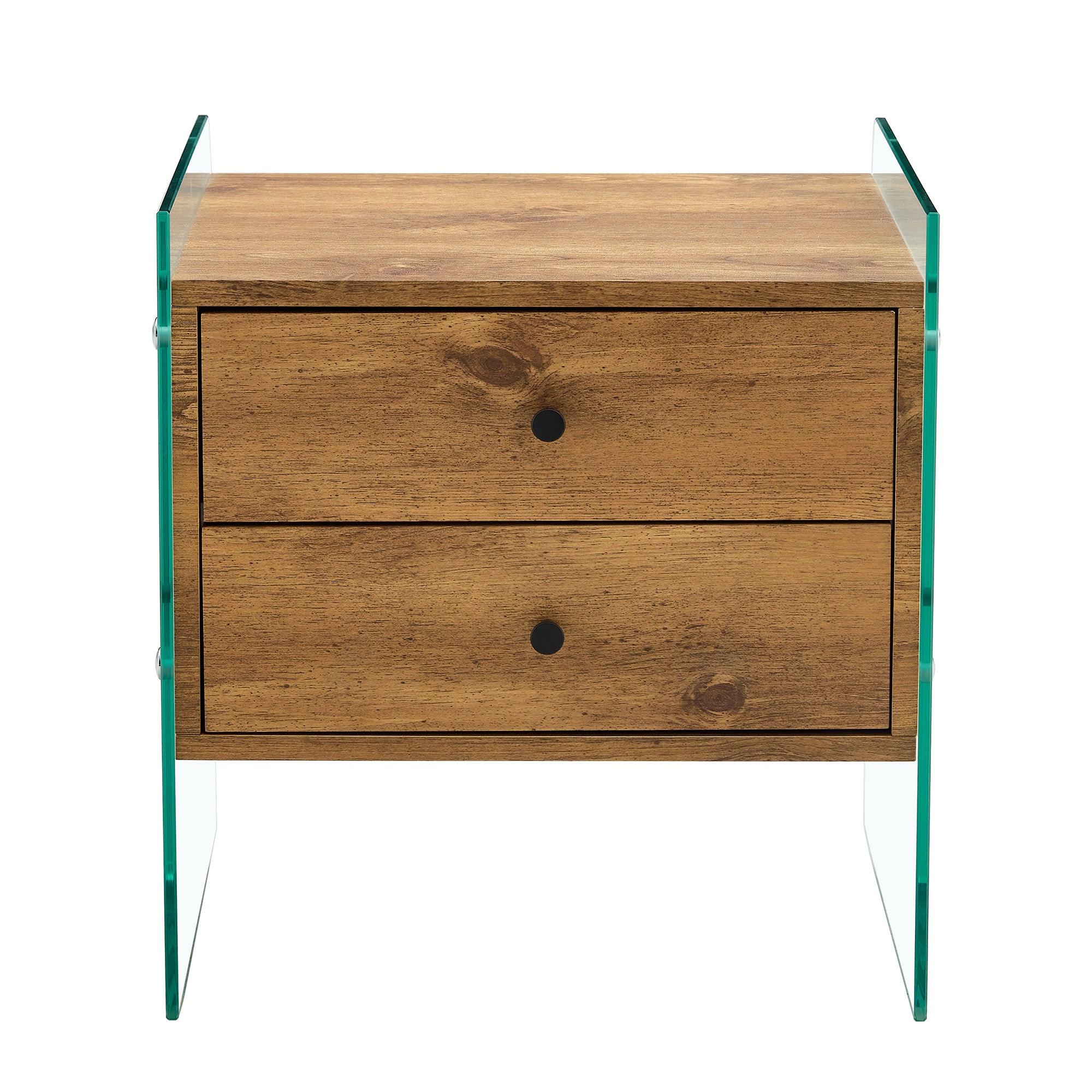 Modern Double Drawer Bedside Table with MDF Sticker Surface & Tempered Glass Sides - Elegant Design & Spacious Storage for Bedroom, Living Room, or Office