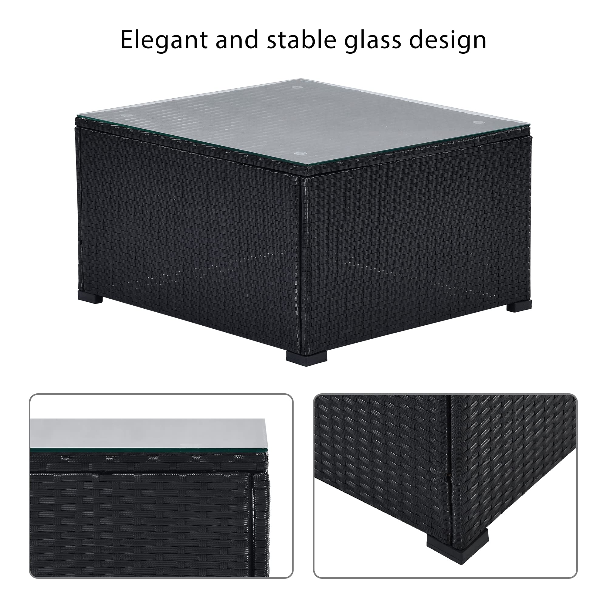 Premium Outdoor Furniture Set - PE Rattan Black Wicker Sofa with Chaise Lounge & Glass Coffee Table, Removable Cushions - Perfect for Backyard, Poolside, Garden, Patio, and Porch Relaxation