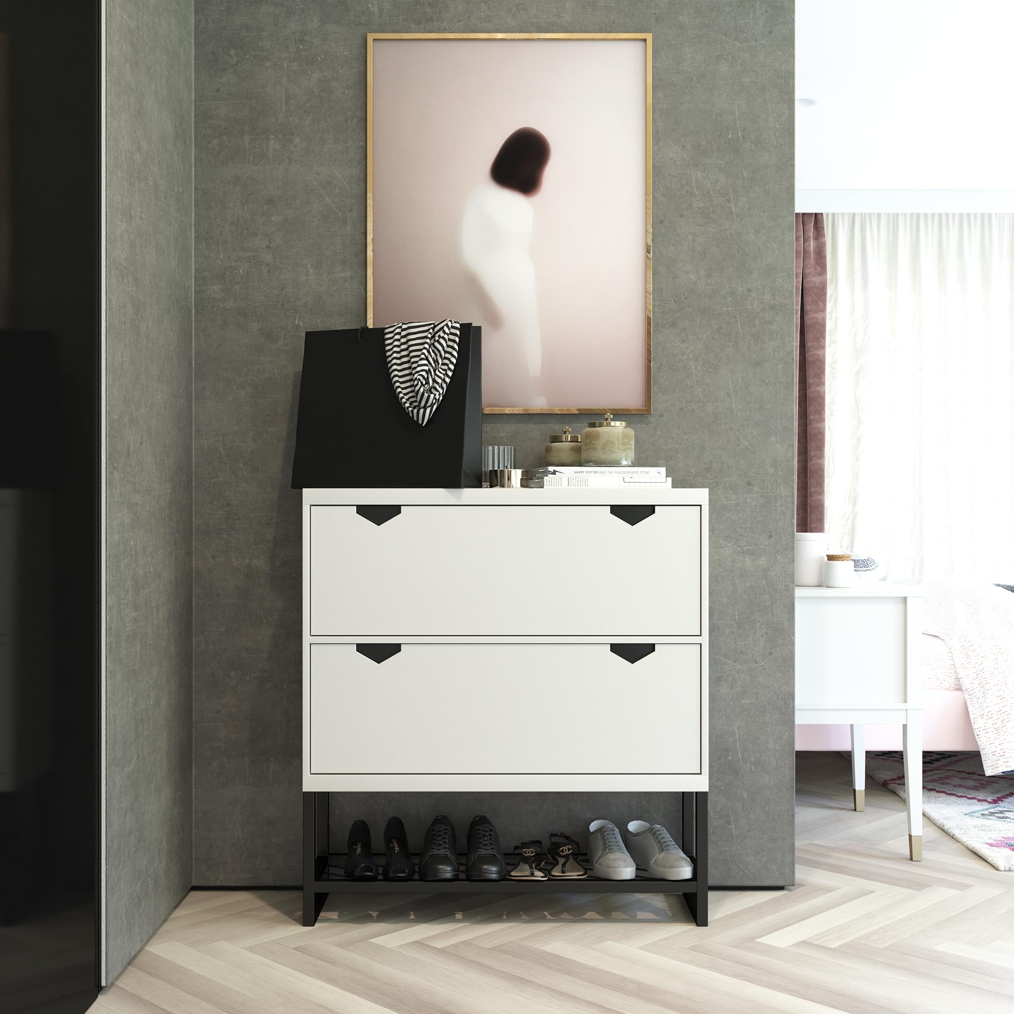 CosmoLiving by Cosmopolitan Brielle White Entryway Shoe Storage Cabinet - Organize Shoes, Boots & Accessories for Hallway, Mudroom & Closet
