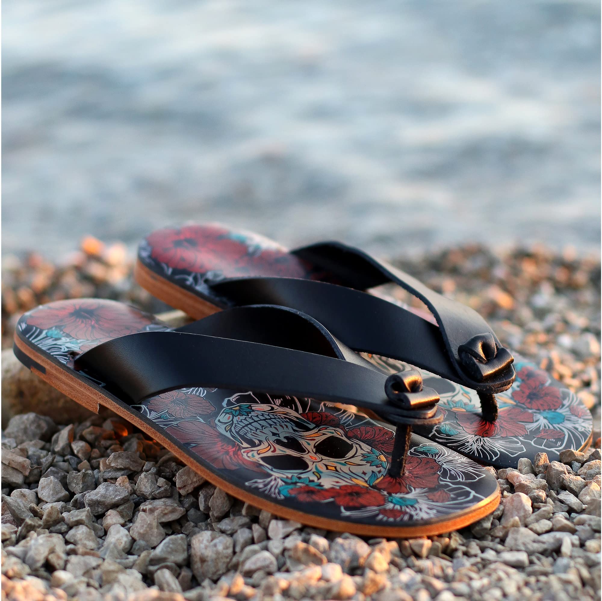 Piboo's Men's Sandals - Premium Vegetable Tanned Leather Flip Flops with Skull & Flower Design | Comfortable Summer Beach Shoes for Outdoor Activities