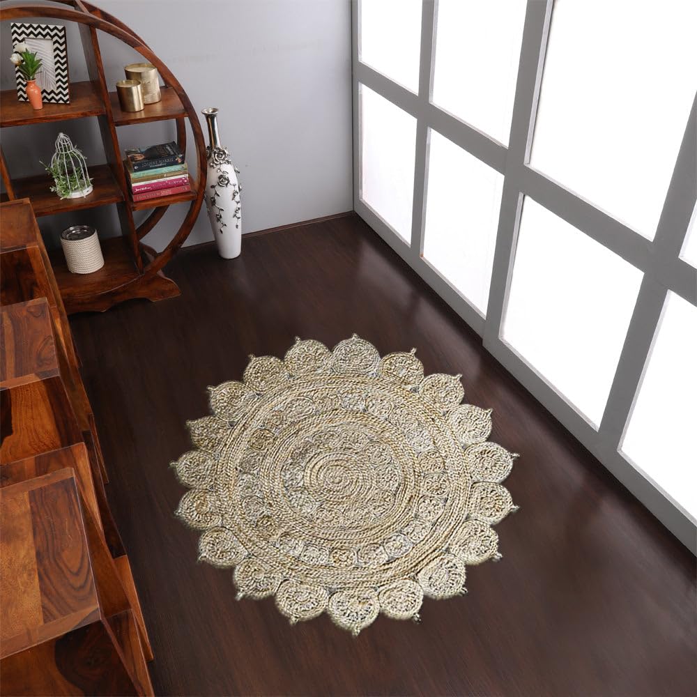 Hand Woven Jute Eco-Friendly Round Oriental Area Rug - 5'x5' Natural Fiber High Pile Cream Rug for Living Room, Bedroom, Patio | Indoor Outdoor Bohemian Decor, Meditation Space & Cozy Home Accent