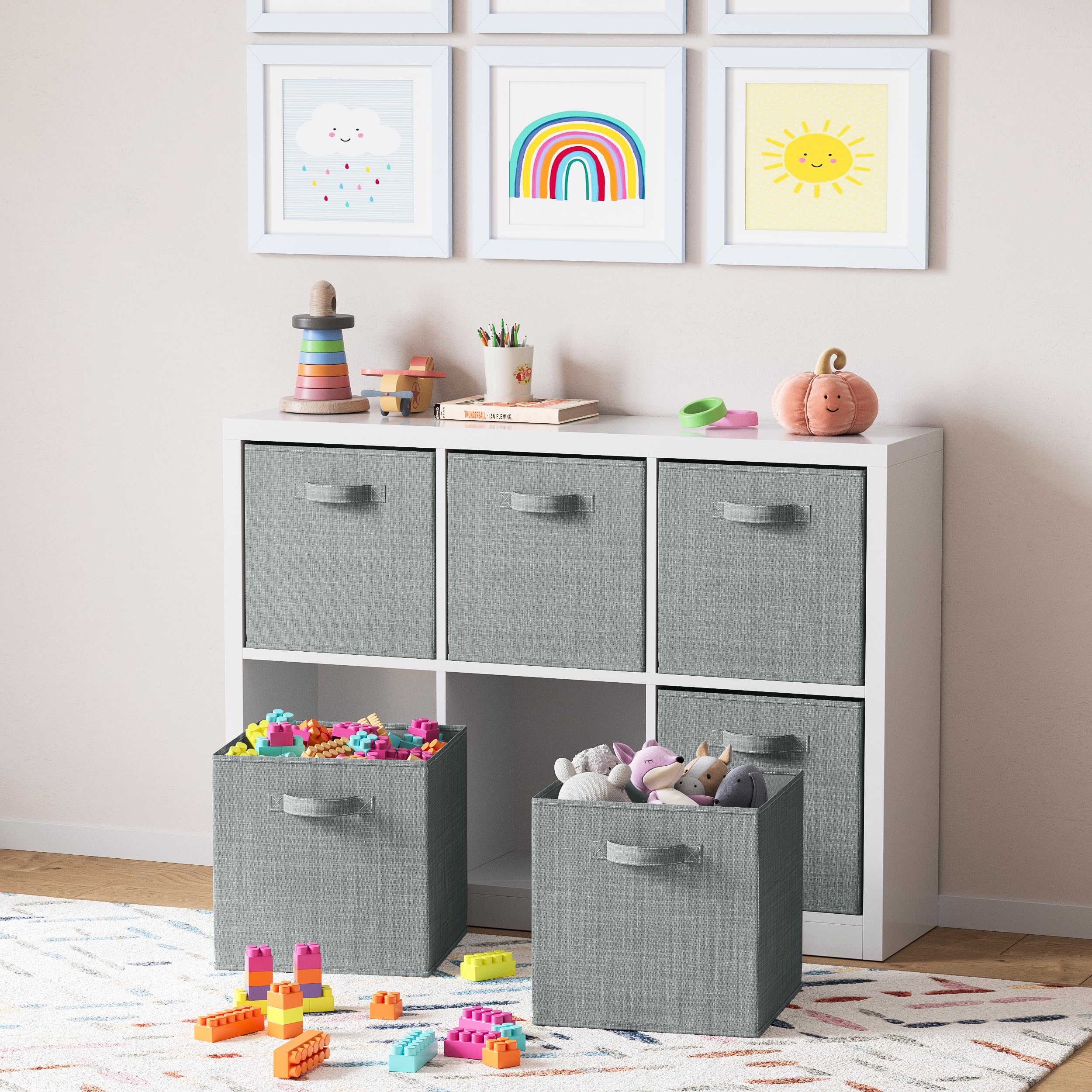 Heavy Duty Fabric Storage Cubes 6-Pack - 13 Inch Cube Organizer Bins, Textured Light Grey Shelving Baskets for Clothes, Toys & Home Organization - Perfect for Closets, Shelves, Cubbies & Nursery Storage