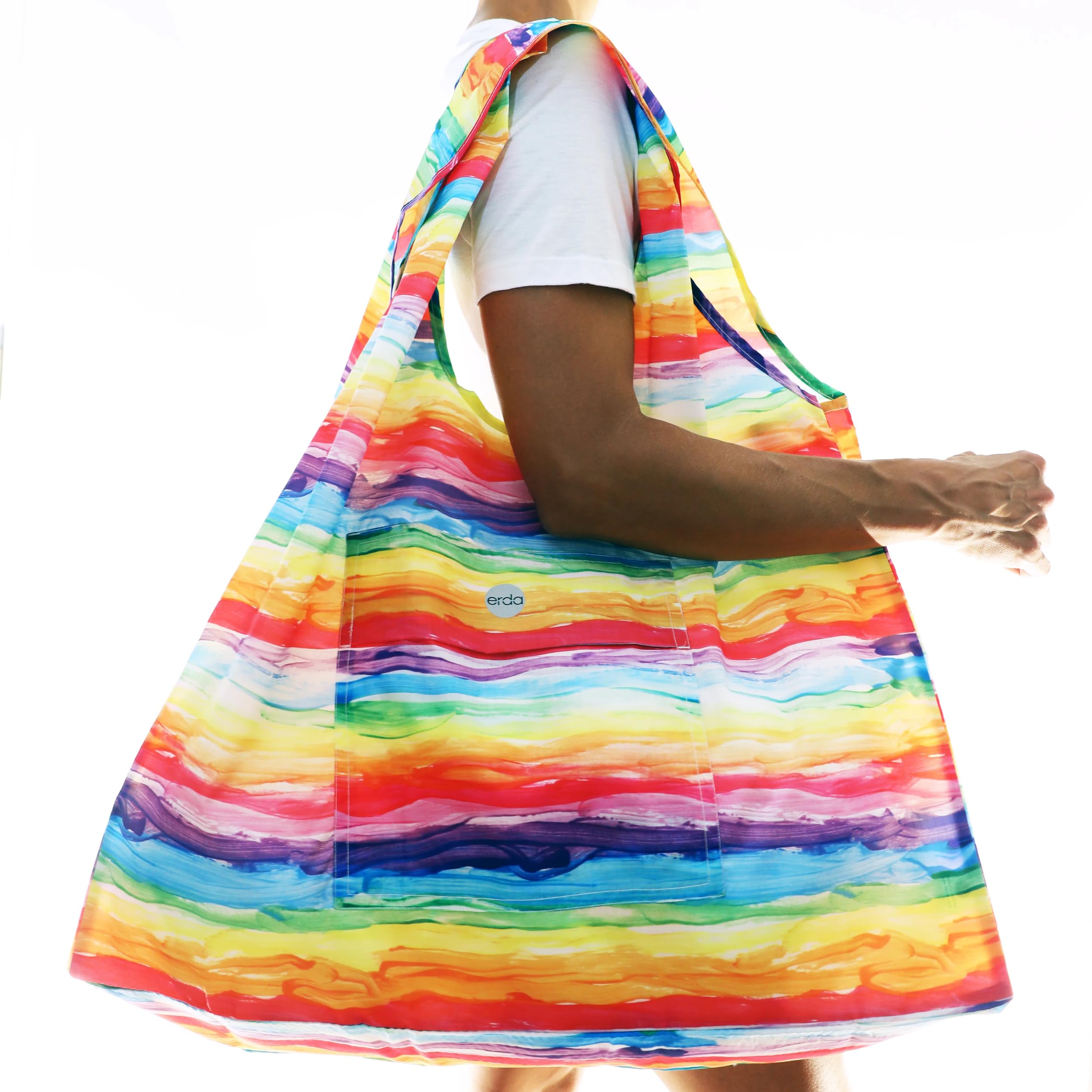 Eco-Friendly Sand-Free Beach Bag Made from Recycled Plastic Bottles - Watercolor Rainbow Print for Travel, Swimming, and Outdoor Adventures