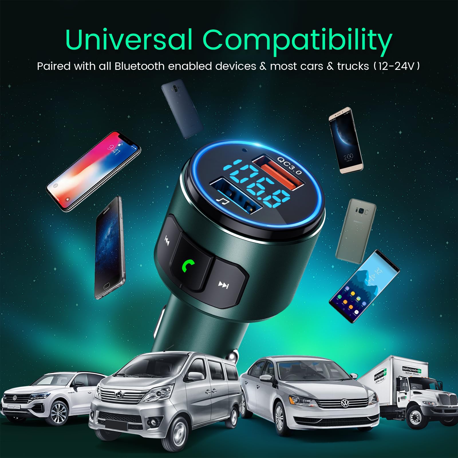 Upgraded V5.3 Bluetooth FM Transmitter for Car with QC3.0 Fast Charging, LED Backlit, Wireless Music Player & Hands-Free Calling - Compatible with Siri & Google Assistant (Green) | Perfect for Road Trips, Commuting & Streaming Music in Your Vehicle