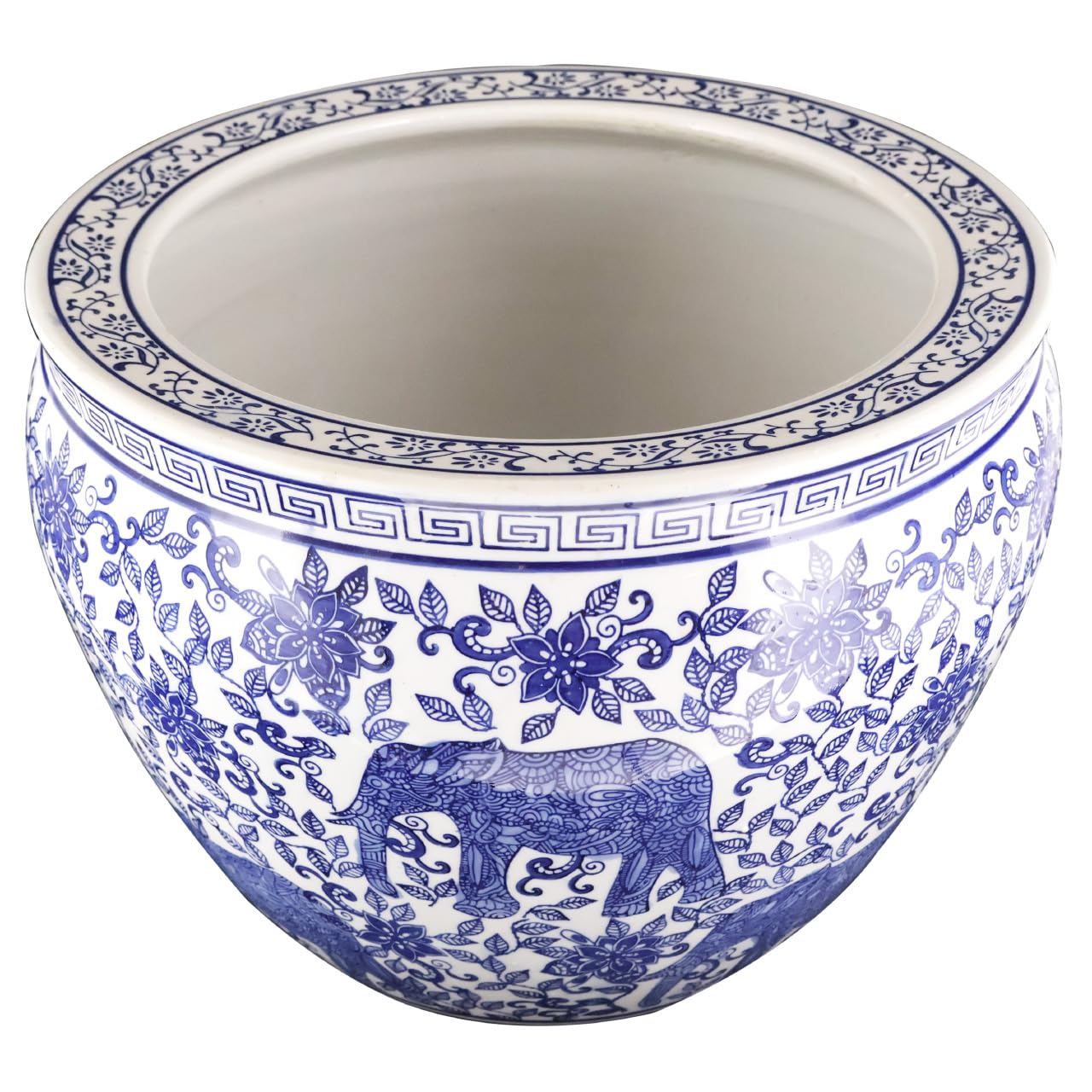 Blue and White Porcelain Fishbowl with Elephant Design - Oriental Home Decor for Living Room, Office & Garden - Handcrafted Ceramic Planter & Decorative Bowl