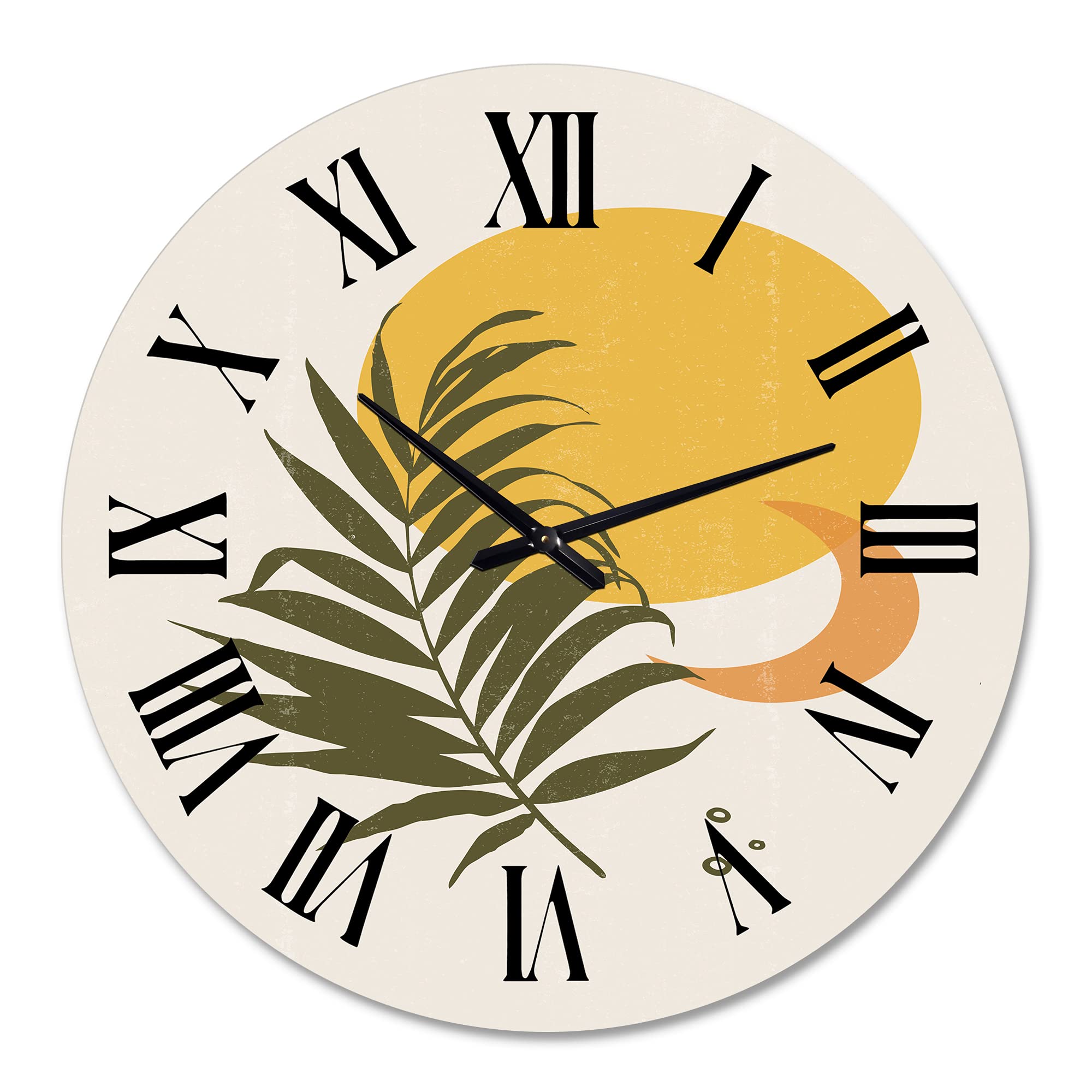 Abstract Yellow Sun and Moon with Tropical Leaf Wall Clock - Large Modern Fractal Design for Office & Home Decor - Perfect for Living Room, Bedroom or Workspace
