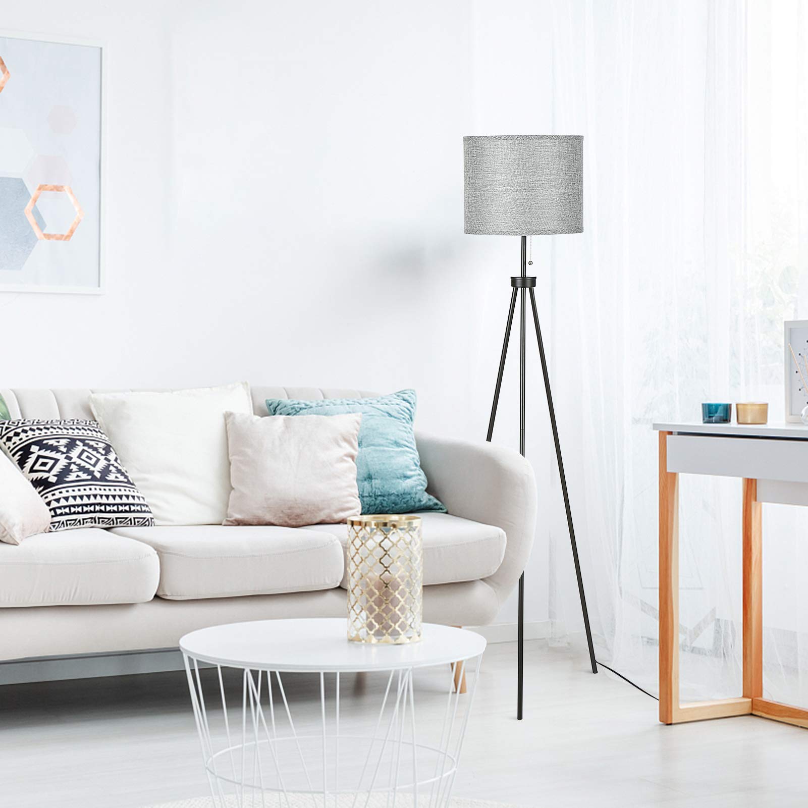 Tomshine LED Tripod Floor Lamp with Grey Cylinder Shade - Adjustable Standing Tall Lamp with Pull Chain Switch for Living Room, Bedroom, Office & Studio - Perfect for Reading, Working & Relaxing