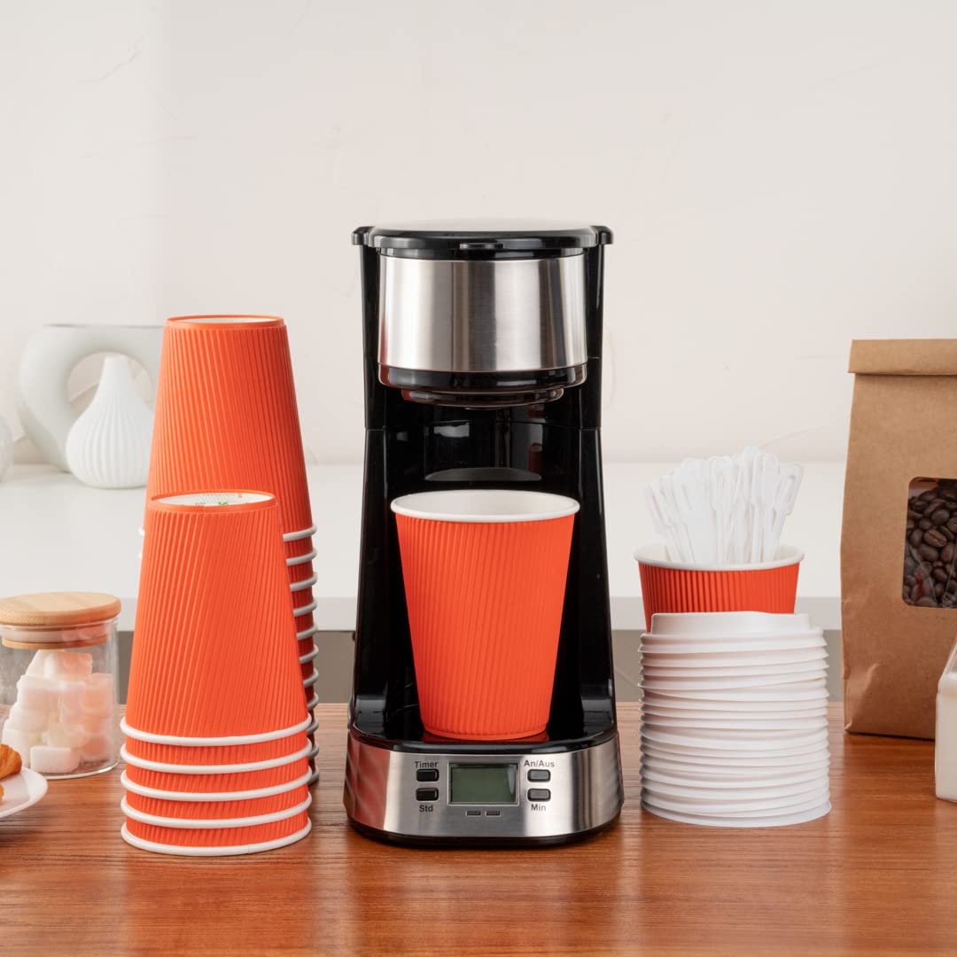 12oz Insulated Coffee Cups with Lids - 200 Pack Leakproof Disposable Hot Cups for Coffee, Tea & Cocoa | Non-Slip Ripple Wall Design | Tangerine Orange Paper Cups for Restaurants, Cafes & Office Use