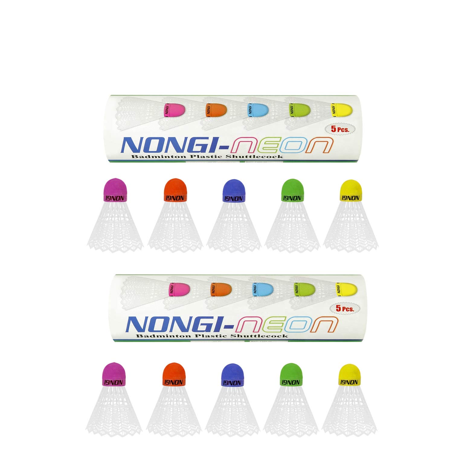 Nongi Neon Combo Pack of 10 Shuttlecocks (5 Multicolored Cork Plastic) - High Visibility Badminton Birdies for Indoor & Outdoor Sports, Backyard Games, Gym Training, and Family Fun Activities