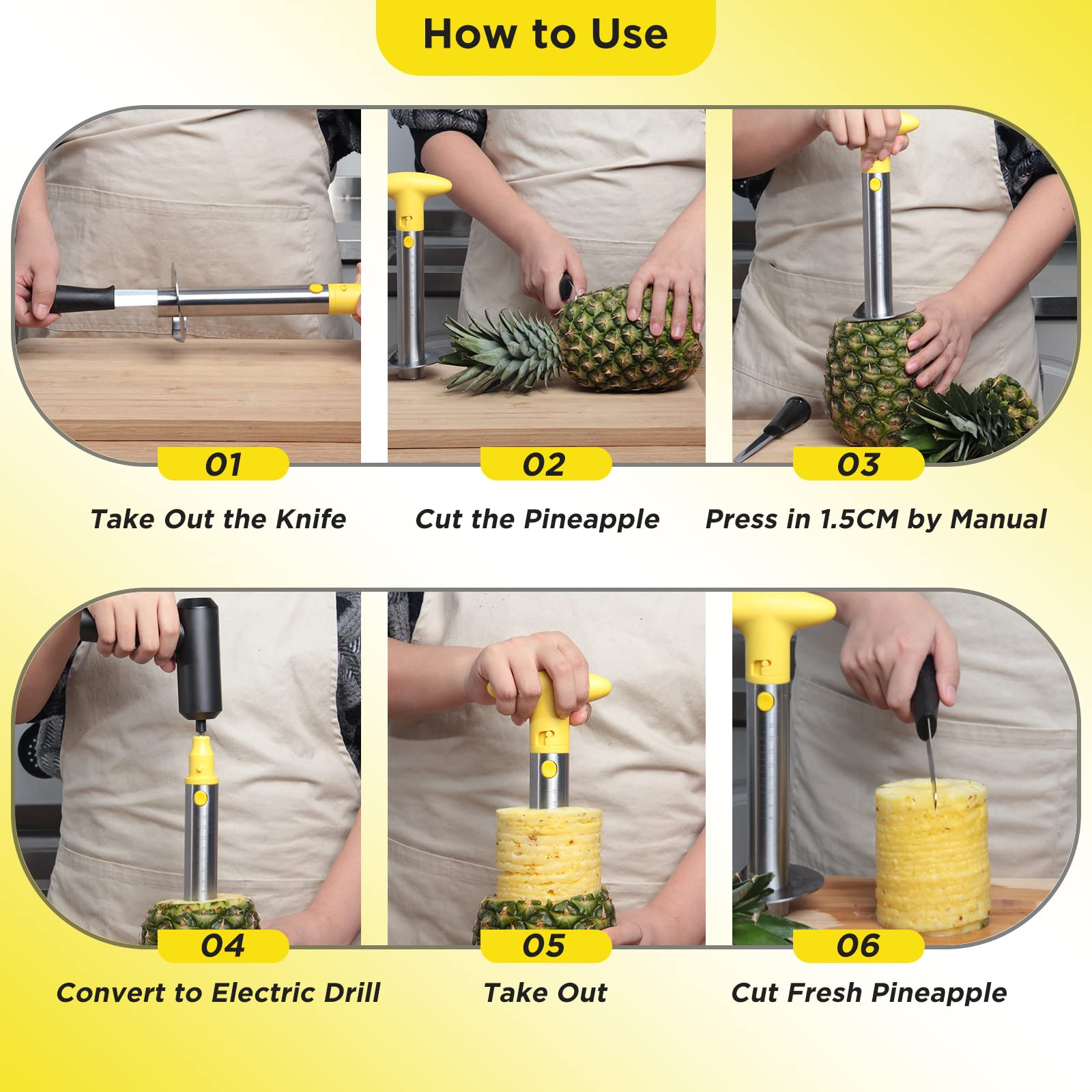 Upgraded Electric & Manual Pineapple Cutter with Knife - Stainless Steel Pineapple Corer Slicer with Drill Accessory | Durable Kitchen Tool for Fruit Peeling & Core Removing | Perfect for Smoothies, Fruit Platters & Party Food Prep