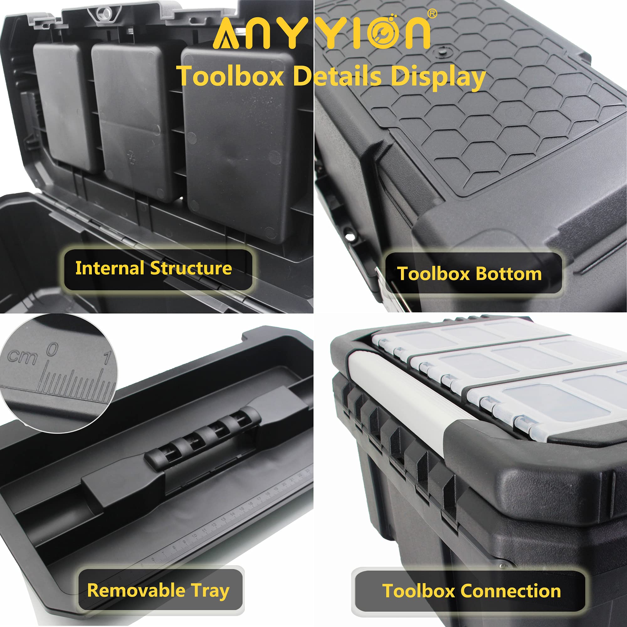 Anyyion 17-Inch Heavy Duty Tool Box with Removable Tray & Stainless Steel Dual Lock - Secure Small Parts Organizer with Rugged Metal Handle (17In) - Perfect for Workshop, Garage & DIY Projects