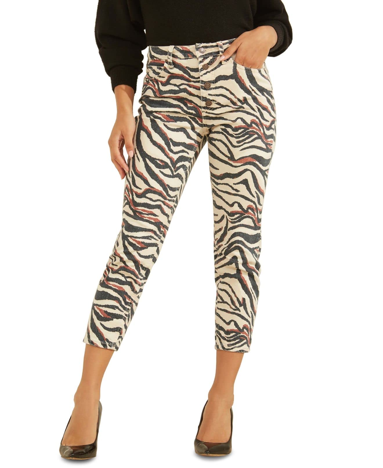 GUESS Women's Animal Print Cropped Jeans - High Waist Stretch Denim Skinny Pants for Casual Outfits & Night Out