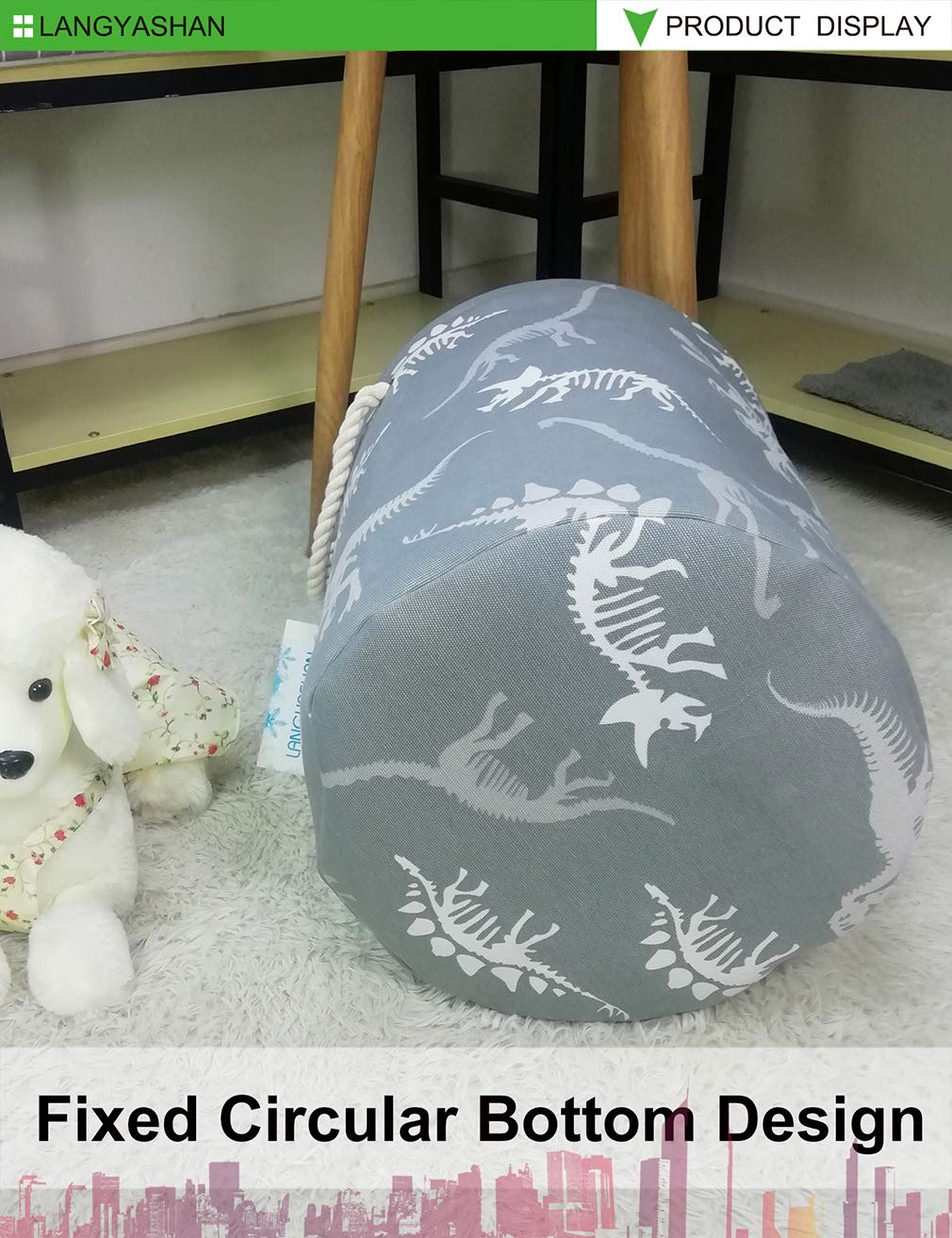 Collapsible Canvas Laundry Basket with Gray Dinosaur Print - Foldable Storage Organizer for Kids Room, Nursery, or Playroom - Perfect for Boys & Girls Clothes, Toys, and Nursery Organization