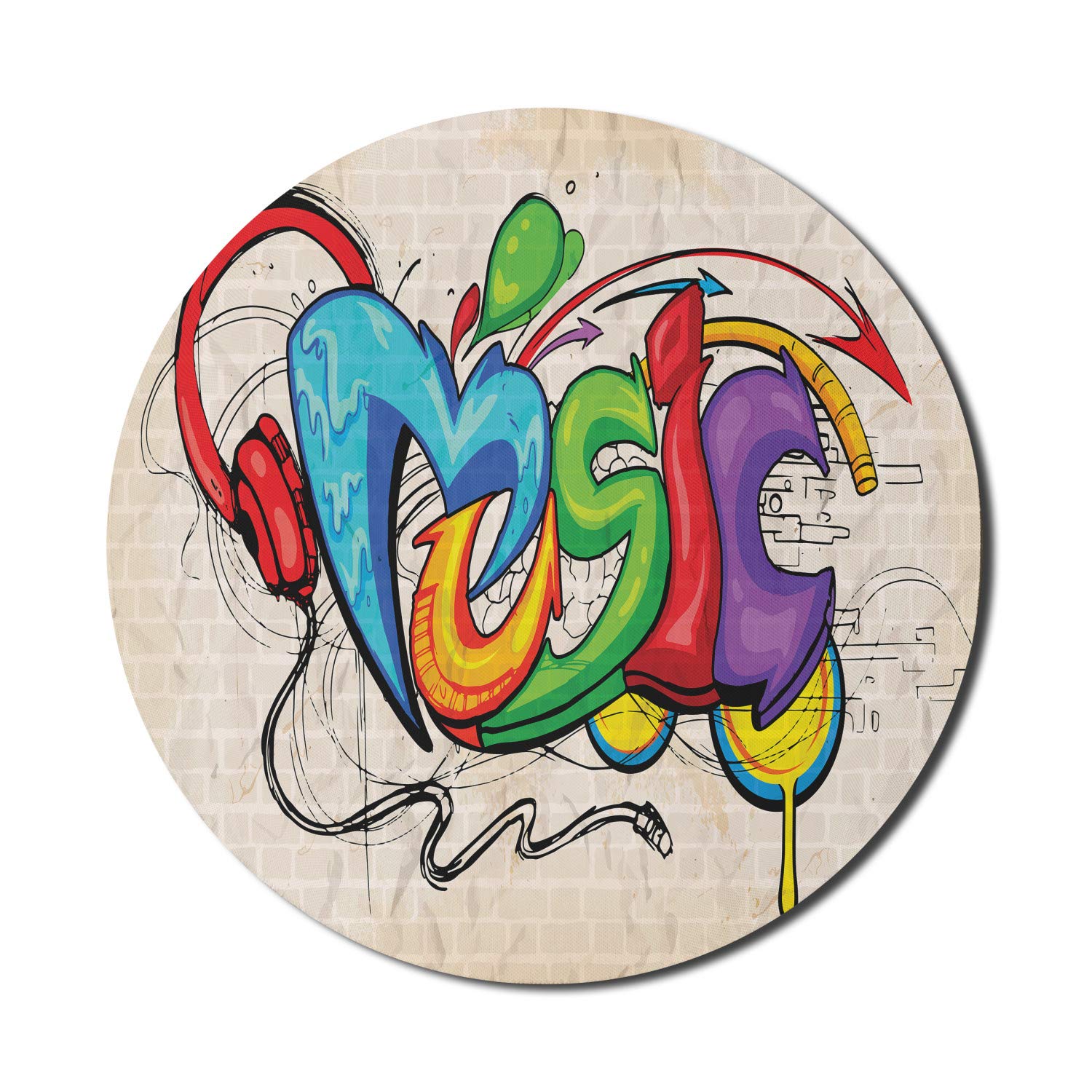 Ambesonne Round Music Mouse Pad - Graffiti Style Headphones & Hip Hop Design on Beige Bricks, Non-Slip Thick Rubber Gaming Mousepad, 8 Inch, Multicolor - Perfect for Computer Work, Gaming & Music Enthusiasts