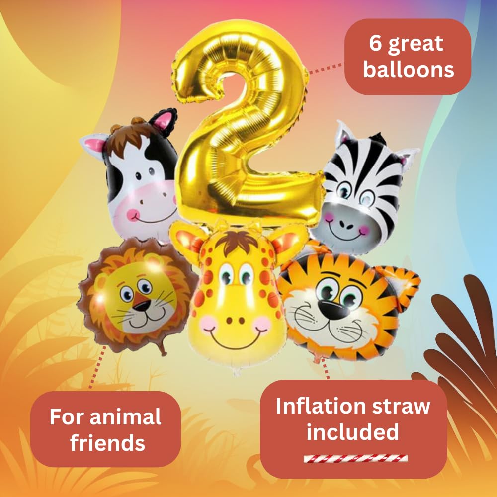 DIWULI Safari Animal Balloons Set - Number 2 Balloon Decorations for Jungle Zoo Wild Theme Birthday Parties (Lion, Giraffe, Tiger, Cow, Zebra) - Perfect for 2nd Birthday Decor, Baby Showers & Safari-Themed Events