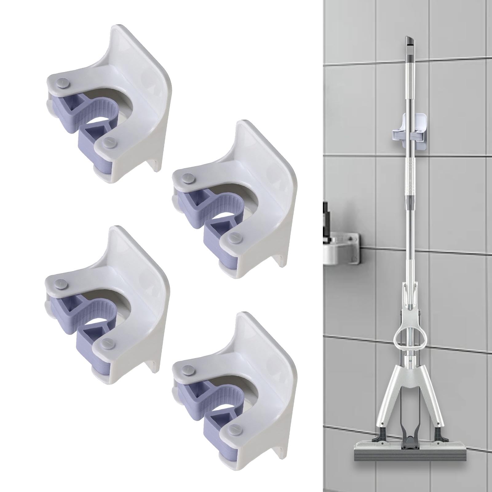 4-Pack Wall Mount Mop Holder - Rustic Brush Hanger Rack with Hooks for Closet, Bathroom, Kitchen & Garage Organization - Space Saving Home Tools Storage Solution