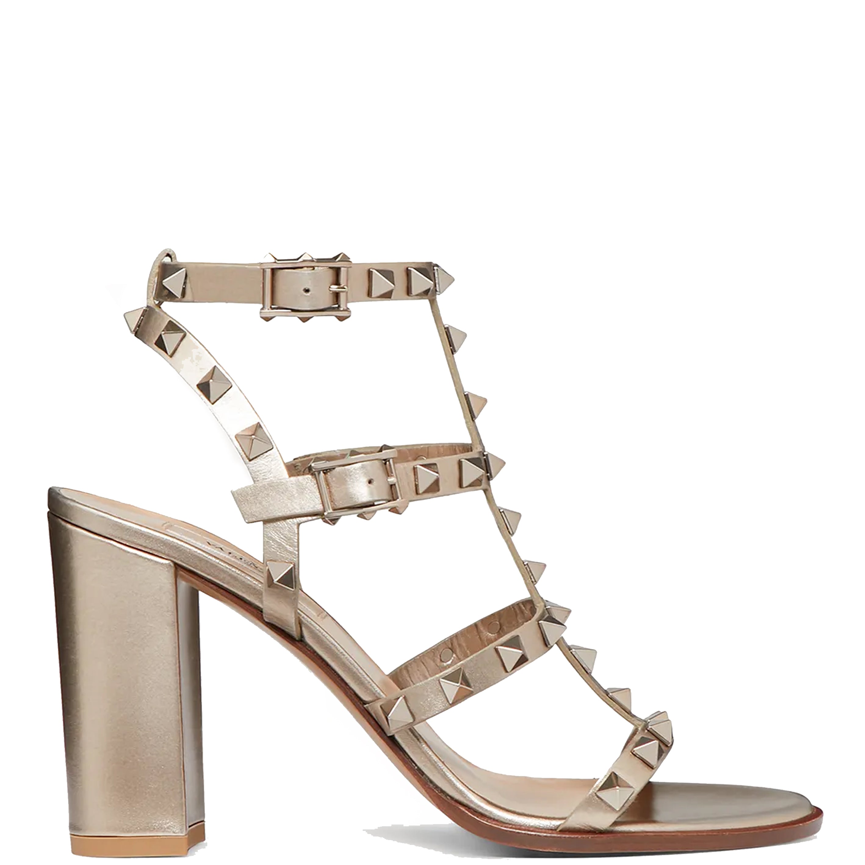 Valentino Rockstud Gladiator Block Heel 90mm Sandals in Metallic Nappa Leather - Perfect for Evening Parties & Special Occasions