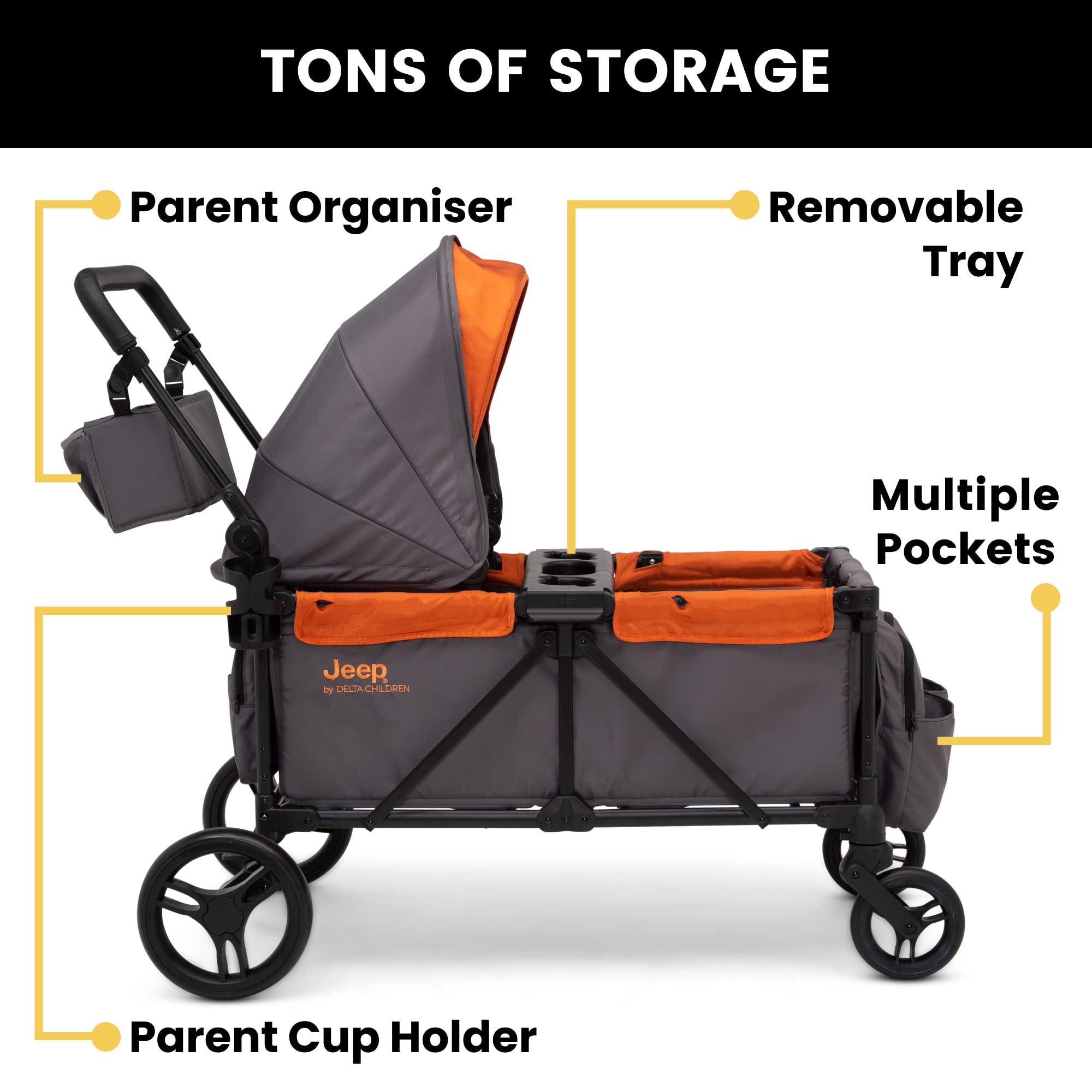 Delta Children Jeep Sport All-Terrain Stroller Wagon with Canopy, Parent Organizer & Snack Tray - Adjustable Handlebar, Cup Holders - Grey/Bonfire - Perfect for Outdoor Adventures, Beach Trips & Family Outings