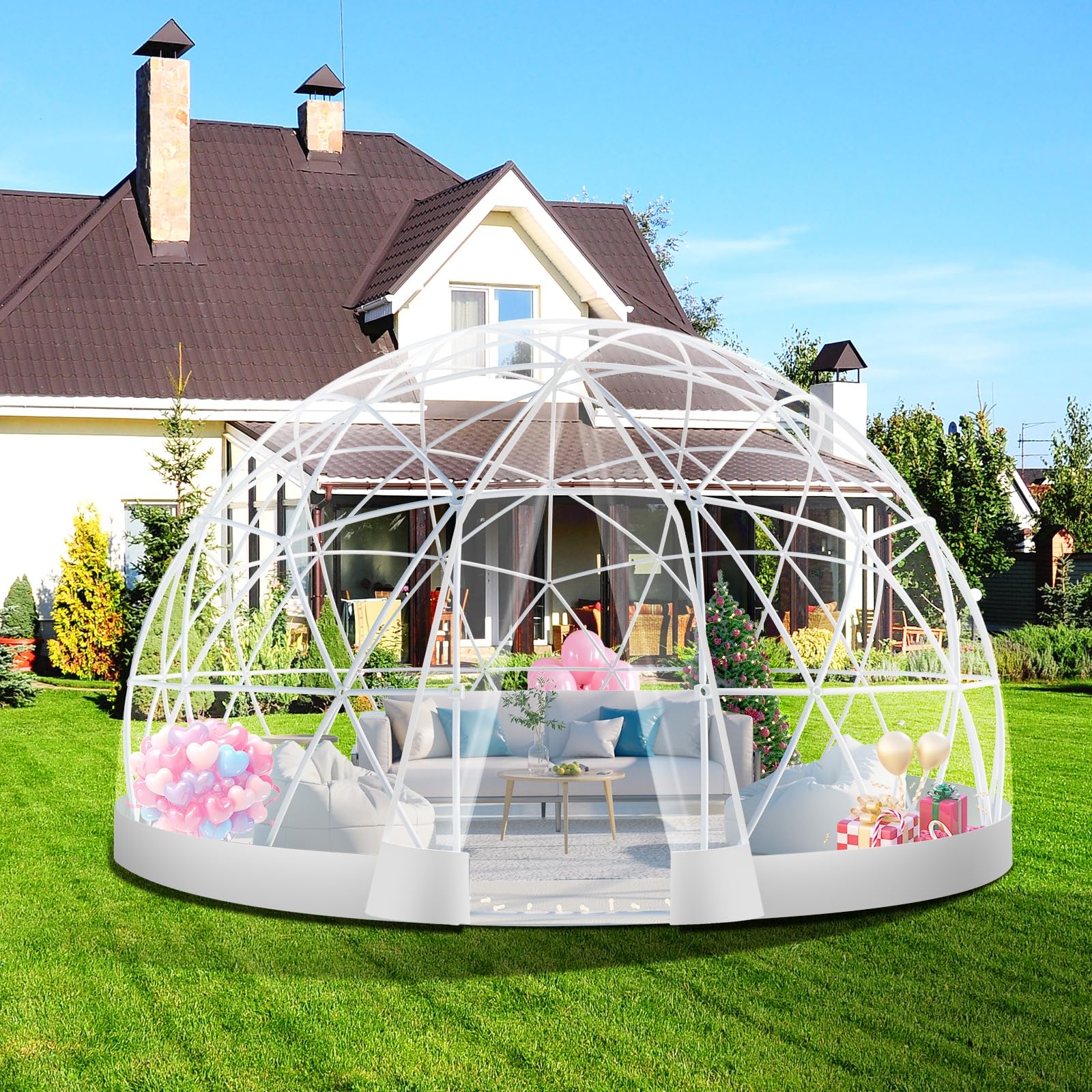 Premium Geodesic Dome Greenhouse Tent - 12x7.2FT Weatherproof Outdoor Bubble Tent with Transparent PVC Cover for Patio, Garden, Dining & Relaxation | White Igloo-Style Dome for Year-Round Use in Backyard, Camping & Outdoor Events