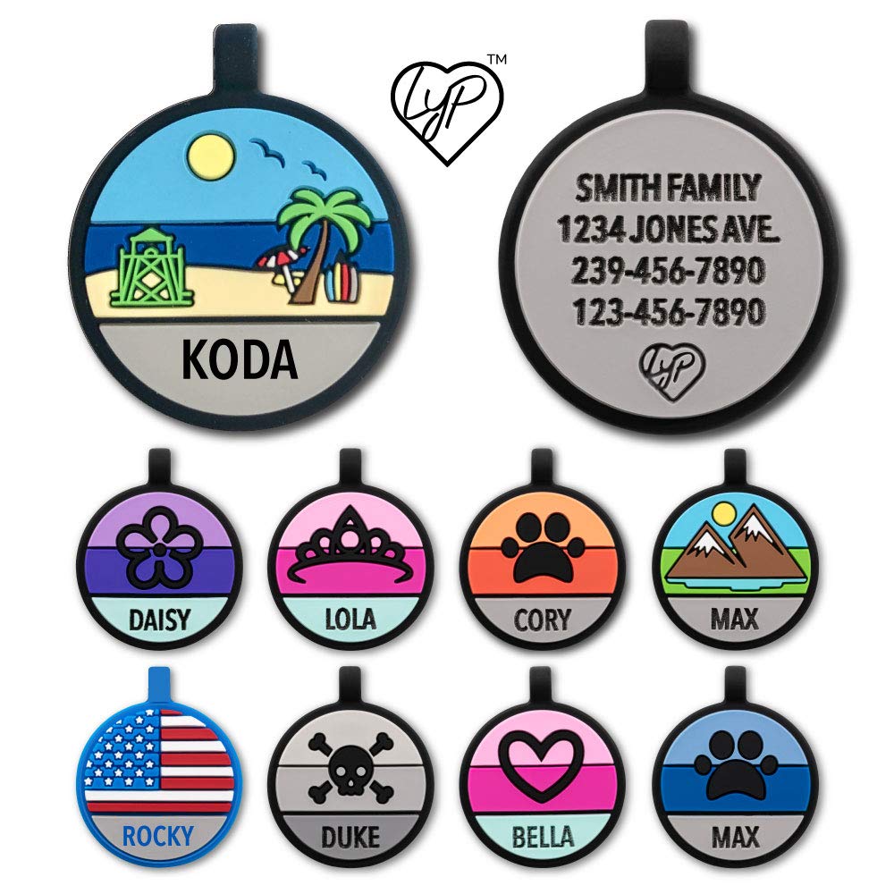 LYP Original Silent Pet ID Tag - Noiseless Silicone Dog Tag - Durable, Fade-Proof, Custom Engraved (Beach Design) - Perfect for Quiet Homes, Travel & Nighttime Walks