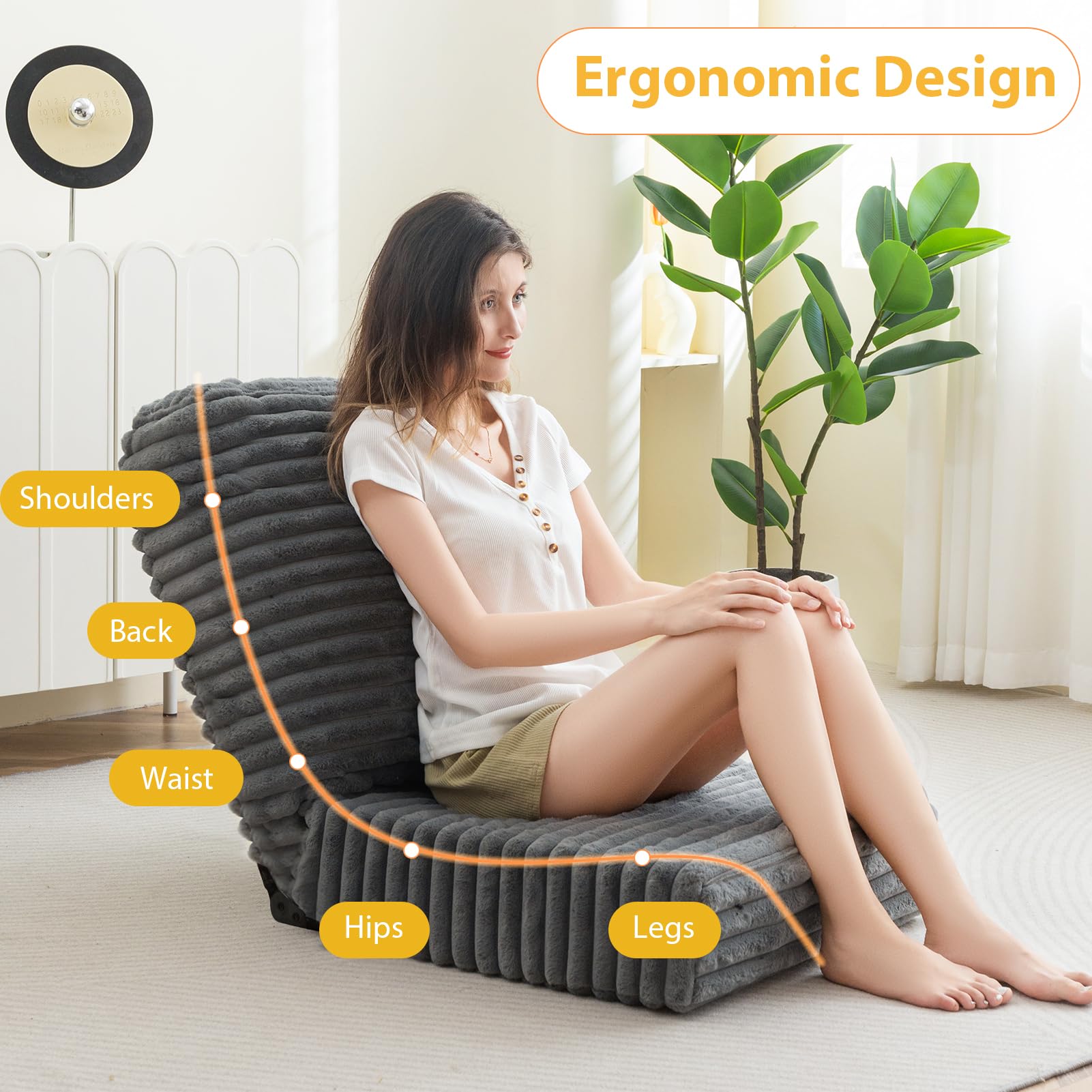 MAXYOYO Adjustable Back Support Floor Chair - Foldable Meditation Sofa with Thick Cushion in Grey | Perfect for Yoga, Reading & Relaxing at Home