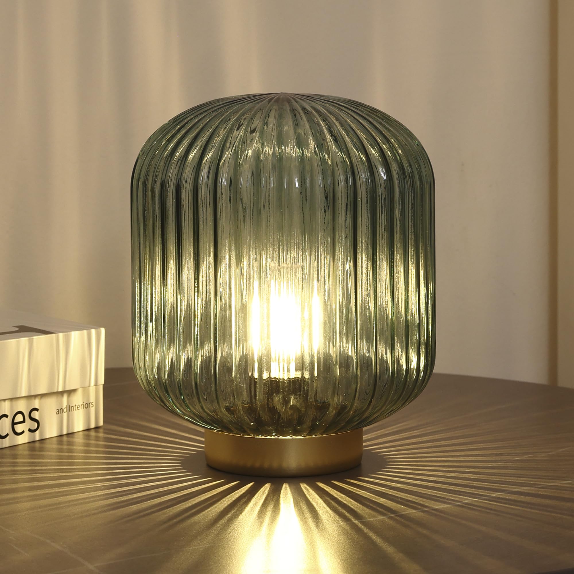 Rechargeable LED Table Lamp - Battery Operated Cordless Glass Night Light for Bedroom, Living Room, Hallway (Green) | Perfect for Reading, Nightstand Decor & Power Outages