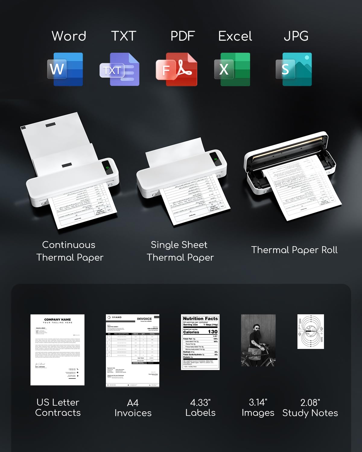 Wireless Bluetooth Thermal Printer - Portable Inkless Mobile Printer for Travel, Phone & Laptop - Compatible with 8.5x11