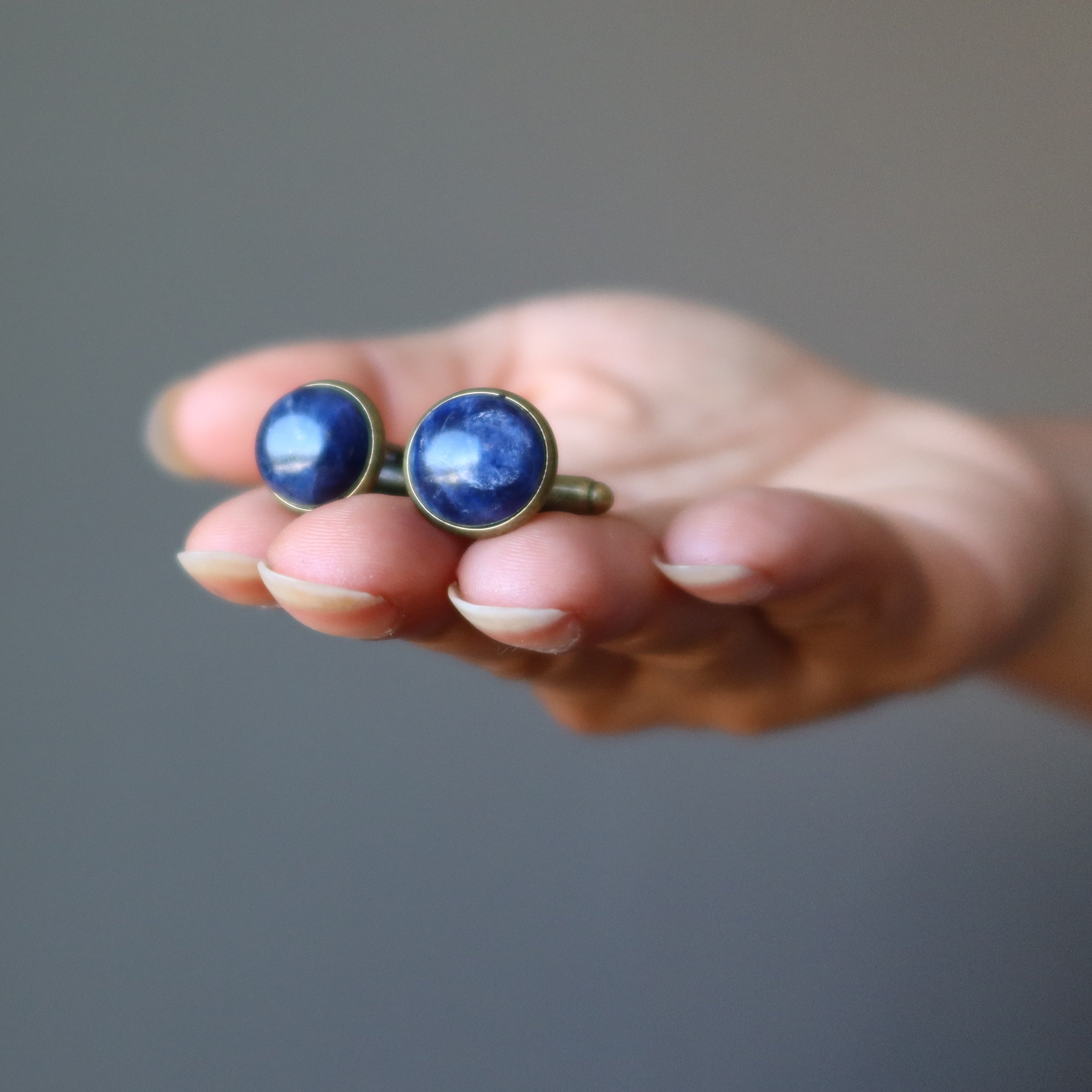 Antiqued Bronze Sodalite Cufflinks for Men - Elegant Blue Stone Dress Shirt Accessories for Weddings & Formal Events