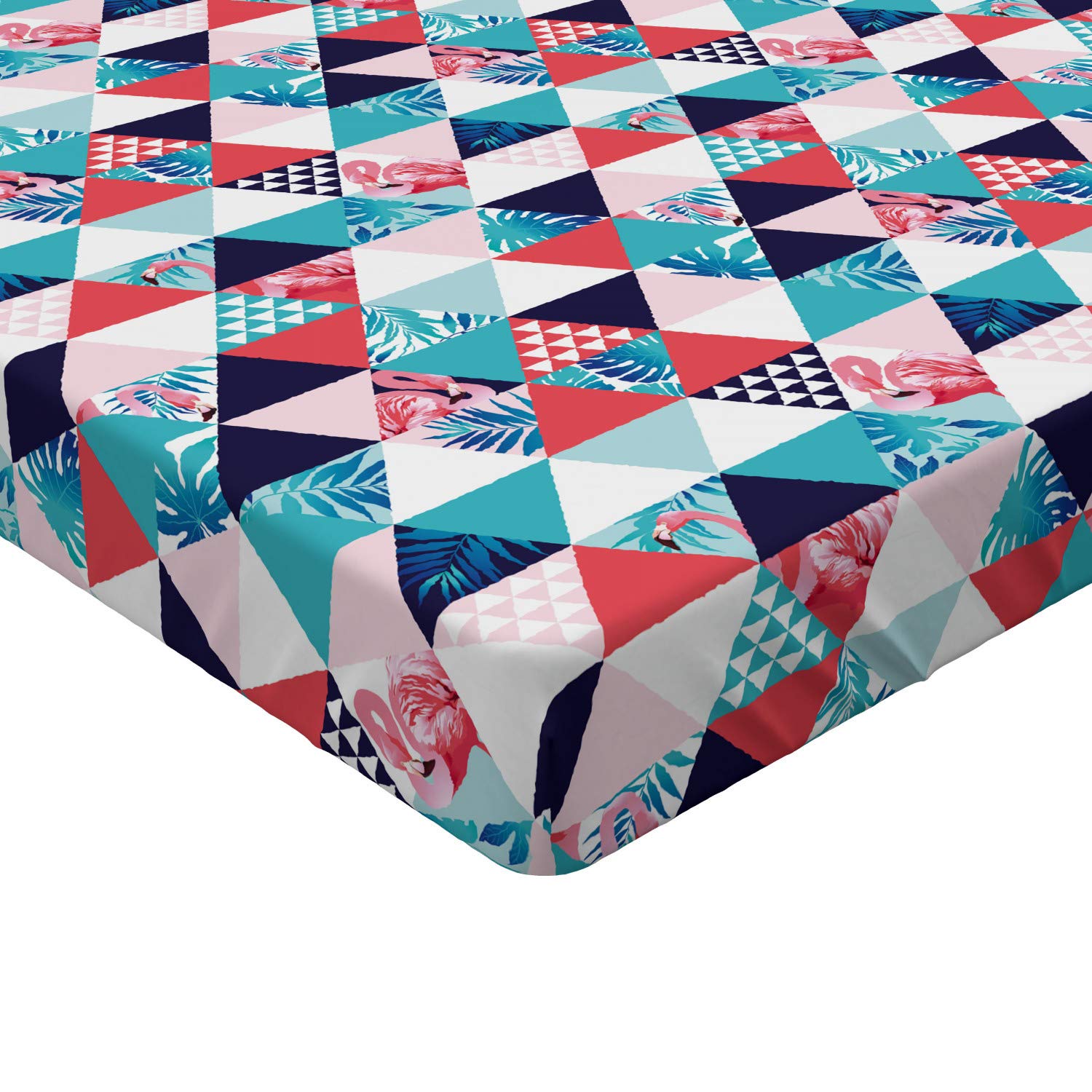 Ambesonne Flamingo Fitted Sheet - Geometric Triangle Beach Design with Exotic Mosaic Patterns, Deep Pocket Elastic Twin Size Bed Sheet for Comfort - Perfect for Tropical Bedroom Decor, Guest Rooms & Vacation Homes