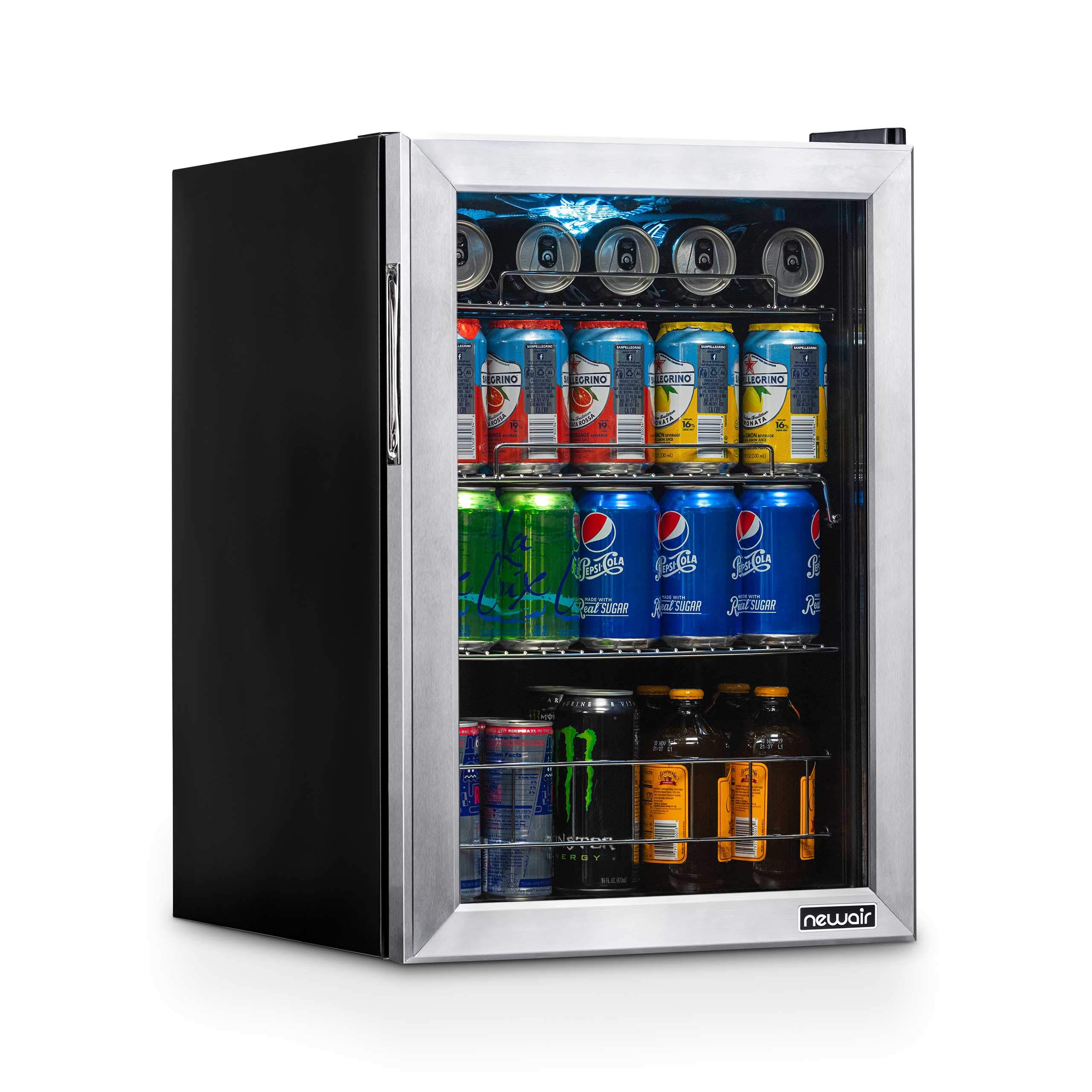NewAir 90 Can Stainless Steel Beverage Refrigerator - Adjustable Shelves, Glass Door Mini Fridge for Beer, Soda & Drinks - Perfect for Bedroom, Home Office, Bar & Entertainment Spaces