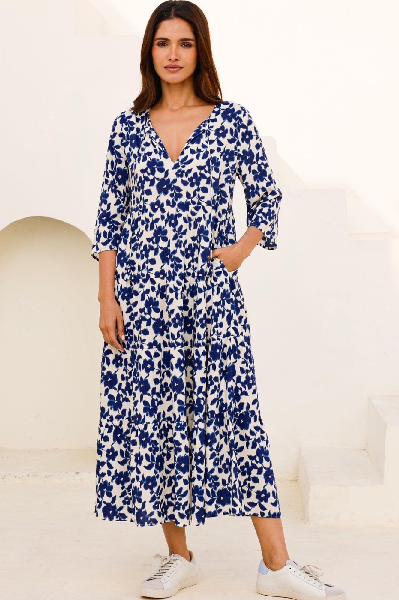 Emma EcoVero™ Midi Dress - Blossom Cream/Navy | Sustainable Women's Floral Summer Dress for Casual Wear, Beach & Outdoor Activities