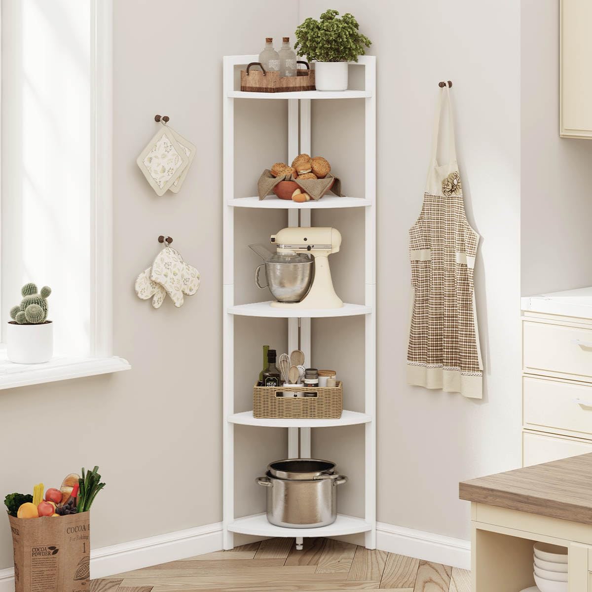 FATORRI 5-Tier Tall Corner Shelf - Modern Wood & Metal Bookshelf for Living Room, Home Office - Corner Plant Stand, Bookcase - White Oak - Perfect for Small Spaces & Stylish Storage