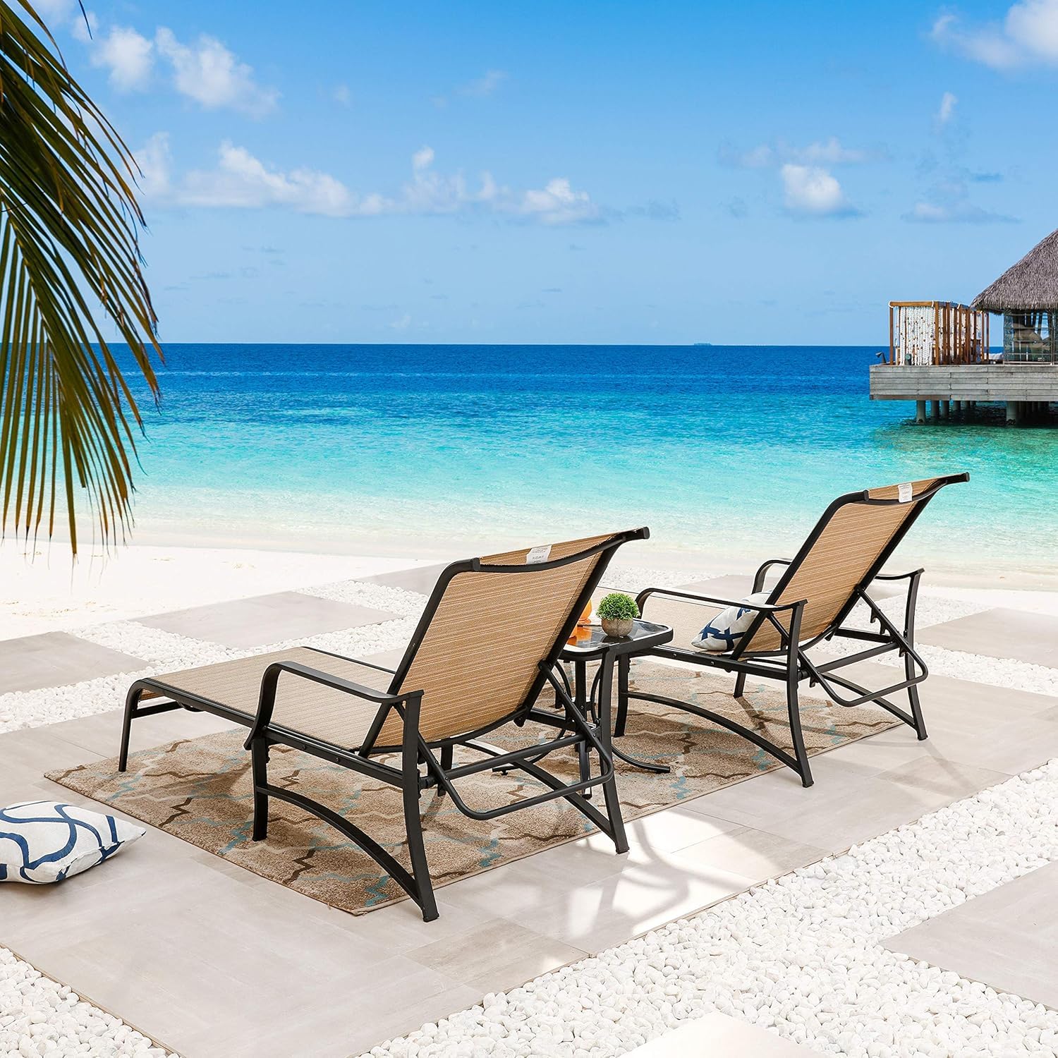 LOKATSE HOME 3-Piece Outdoor Chaise Lounge Set - Adjustable Steel Frame Patio Pool Chairs with Coffee Table - Perfect for Backyard, Garden, and Poolside Relaxation