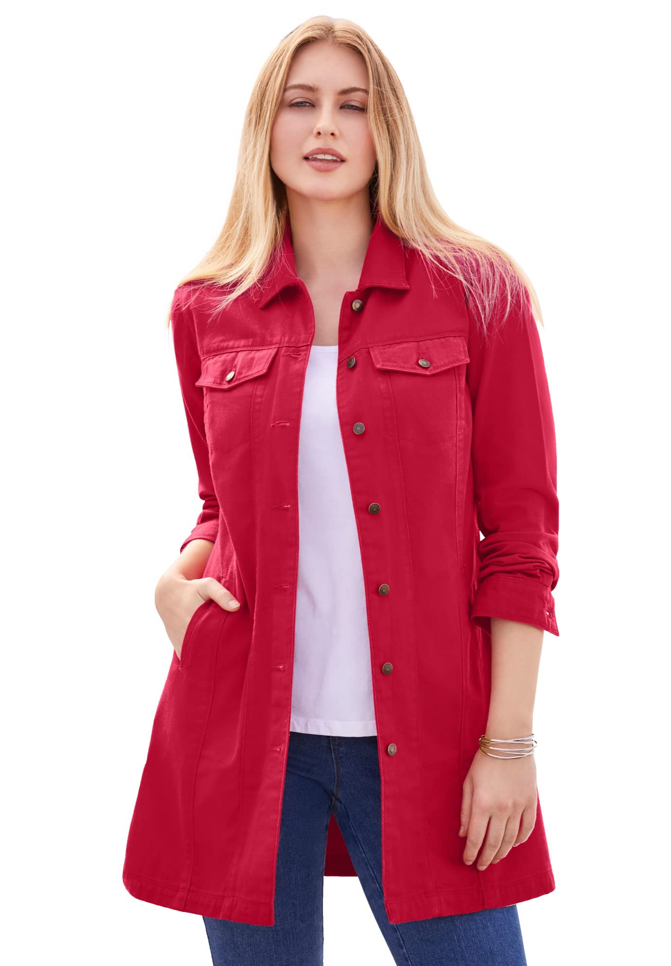 Jessica London Women's Plus Size Long Denim Jacket - Tunic Length Jean Coat for Casual Wear & Layering | Perfect for Spring & Fall Outfits
