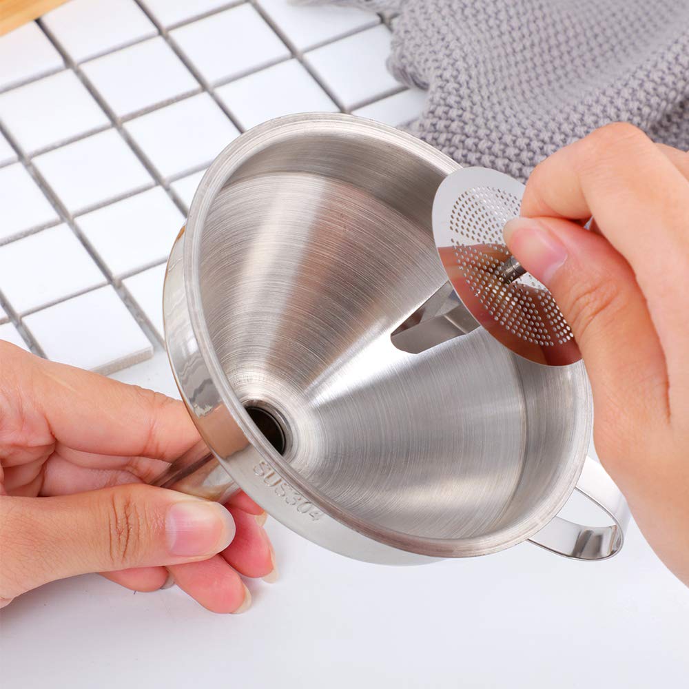 QIBORUN 5-Inch Stainless Steel Kitchen Funnel with Removable Strainer - Cooking Oil Filter Funnel for Transferring Liquids, Dry Ingredients & Powder - Perfect for Baking, Canning, Auto Oil Change & Home Brewing