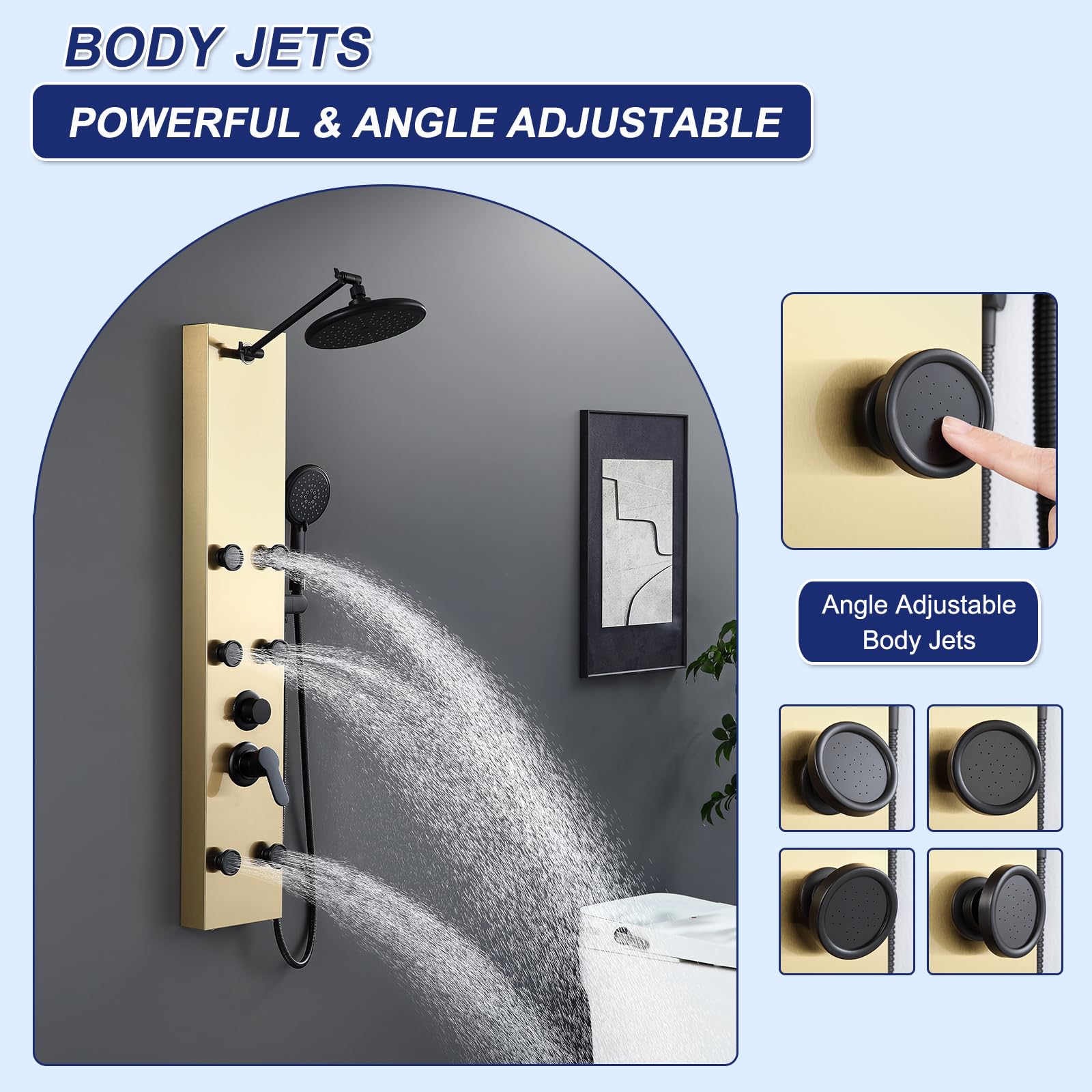 ROVATE Luxury Shower Panel Tower System - 6 Body Massage Jets & 5-Function Handheld Shower Head, Adjustable Rainfall Shower with Self-Cleaning Nozzles, Brushed Gold Stainless Steel Wall Mount Column - Perfect for Spa-Like Bathroom Experience & Modern Home Upgrade