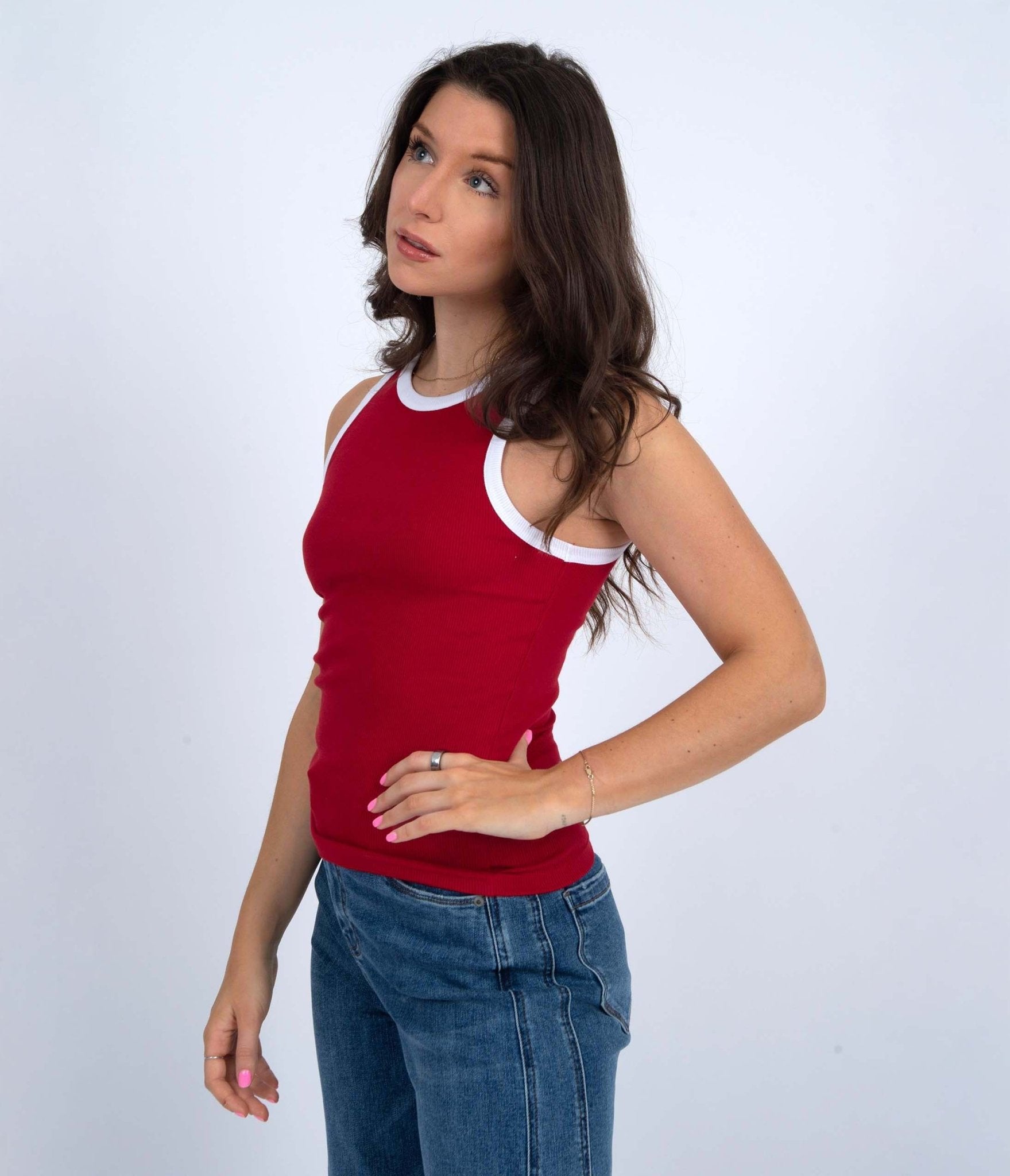 Red & White Maria Crew Neck Muscle Tank Top for Women - Breathable Workout Shirt for Gym, Running & Yoga