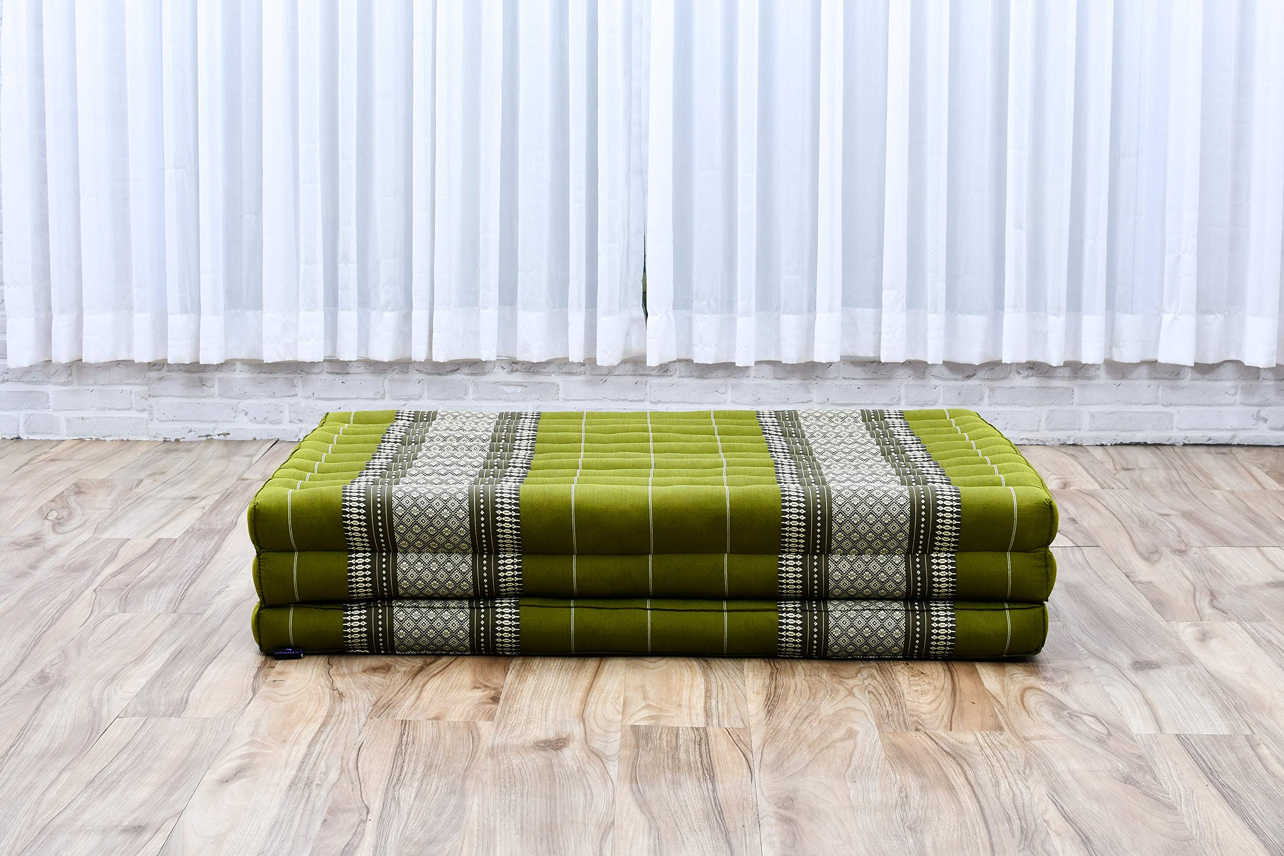 Premium Leewadee Trifold Mattress XL - Ultra Comfortable Thai Massage Pad, Foldable Floor Mattress with Natural Kapok Filling, 79 x 39 Inch Green Sleeping Mat for Yoga, Meditation, Guest Bed & Home Relaxation