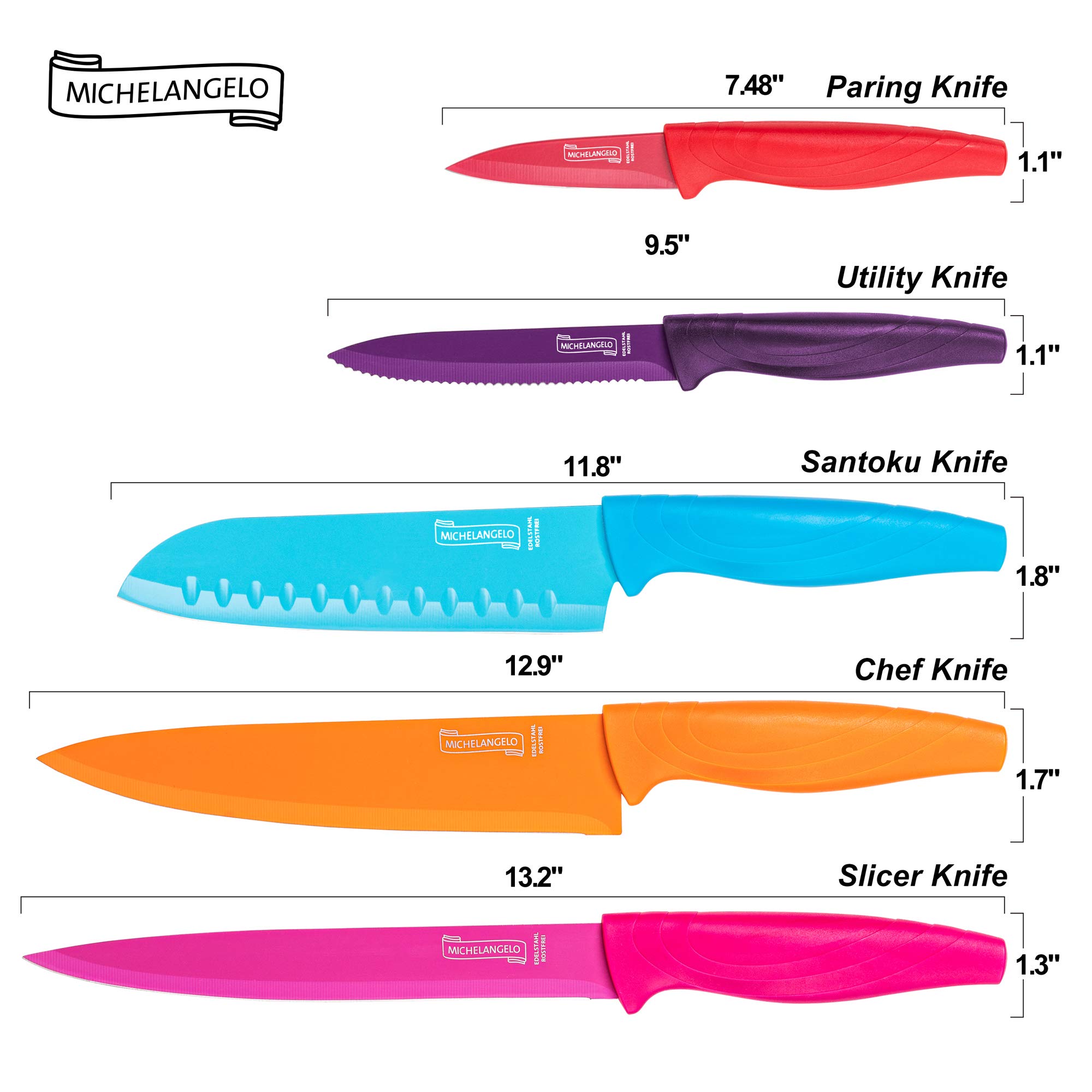 MICHELANGELO 10-Piece Rainbow Kitchen Knife Set - High Carbon Stainless Steel Knives with Blade Covers - Dishwasher Safe Colorful Chef Knife Collection for Cooking, Slicing & Food Prep - Perfect for Home Chefs & Professional Kitchens
