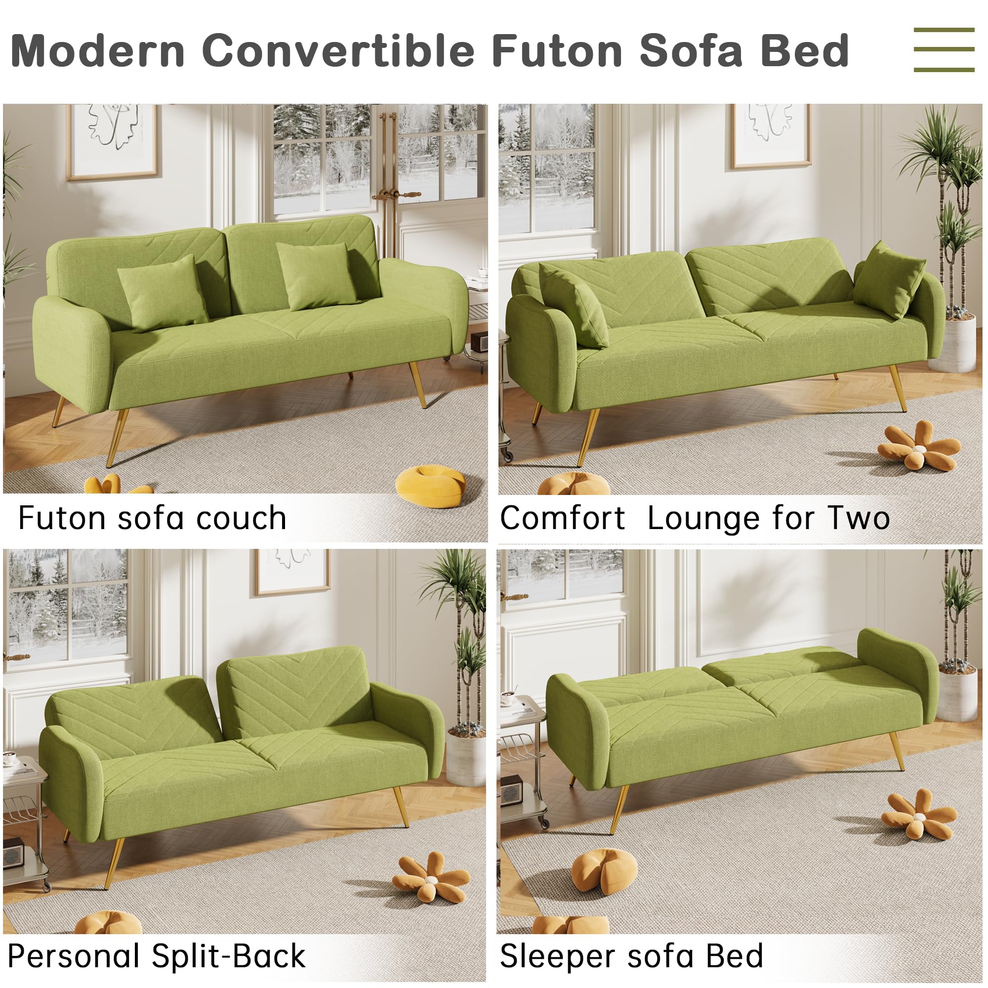 P PURLOVE Modern Convertible Sofa Bed with Adjustable Backrest & Armrests - 2 Throw Pillows Included - Upholstered Sleeper Sofa for Living Room, Bedroom, Office (Green) - Perfect for Small Spaces, Guest Rooms & Studio Apartments