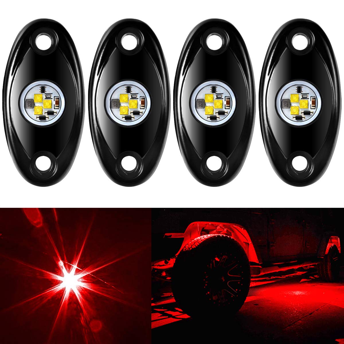 4 Pods LED Rock Light Kit - Waterproof Underglow Neon Lights for ATV, SUV, Offroad Car, Truck & Boat | Red Underbody Glow Trail Rig Lamps | Perfect for Night Off-Roading, Car Shows & Marine Lighting
