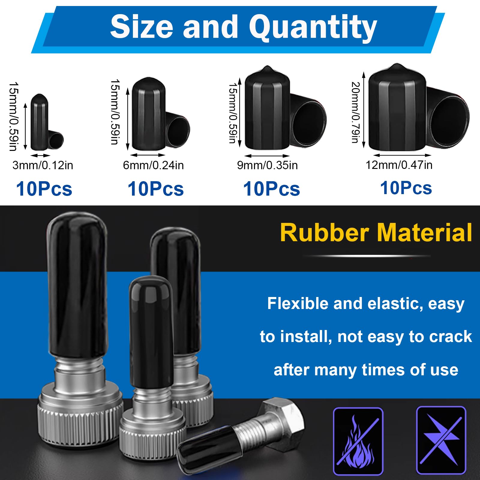 40pcs Black Vinyl Rubber End Caps - 4 Sizes (1/8