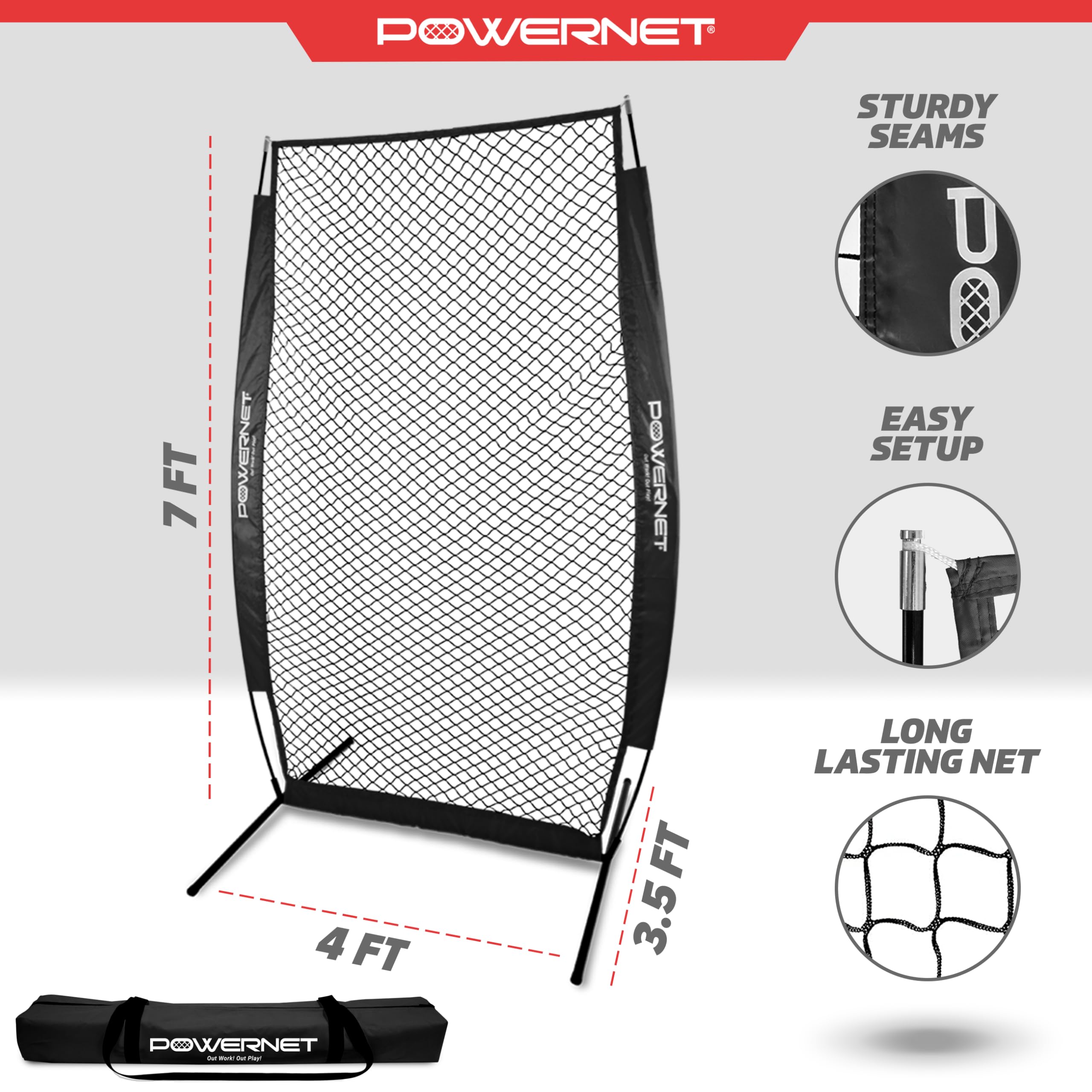 PowerNet Baseball Training Net - 7-FT Portable Batting Practice Screen for Softball & Baseball | I-Frame & A-Frame Pitching Net | Perfect for Backyard Drills, Team Practices & Solo Training