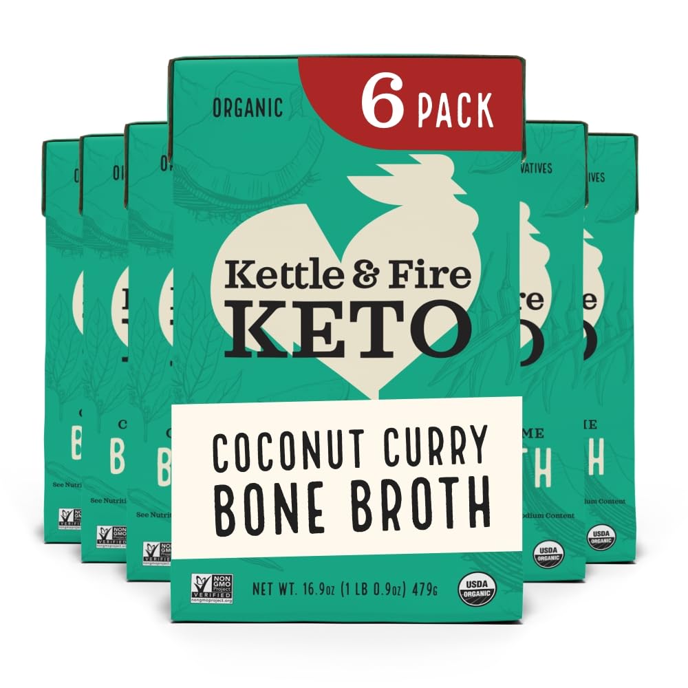 Kettle and Fire Coconut Curry & Lime Chicken Bone Broth - Keto, Paleo, Whole30 Approved, Gluten Free, High Protein & Collagen (6 Pack) | Perfect for Soups, Stews & Keto Meal Prep