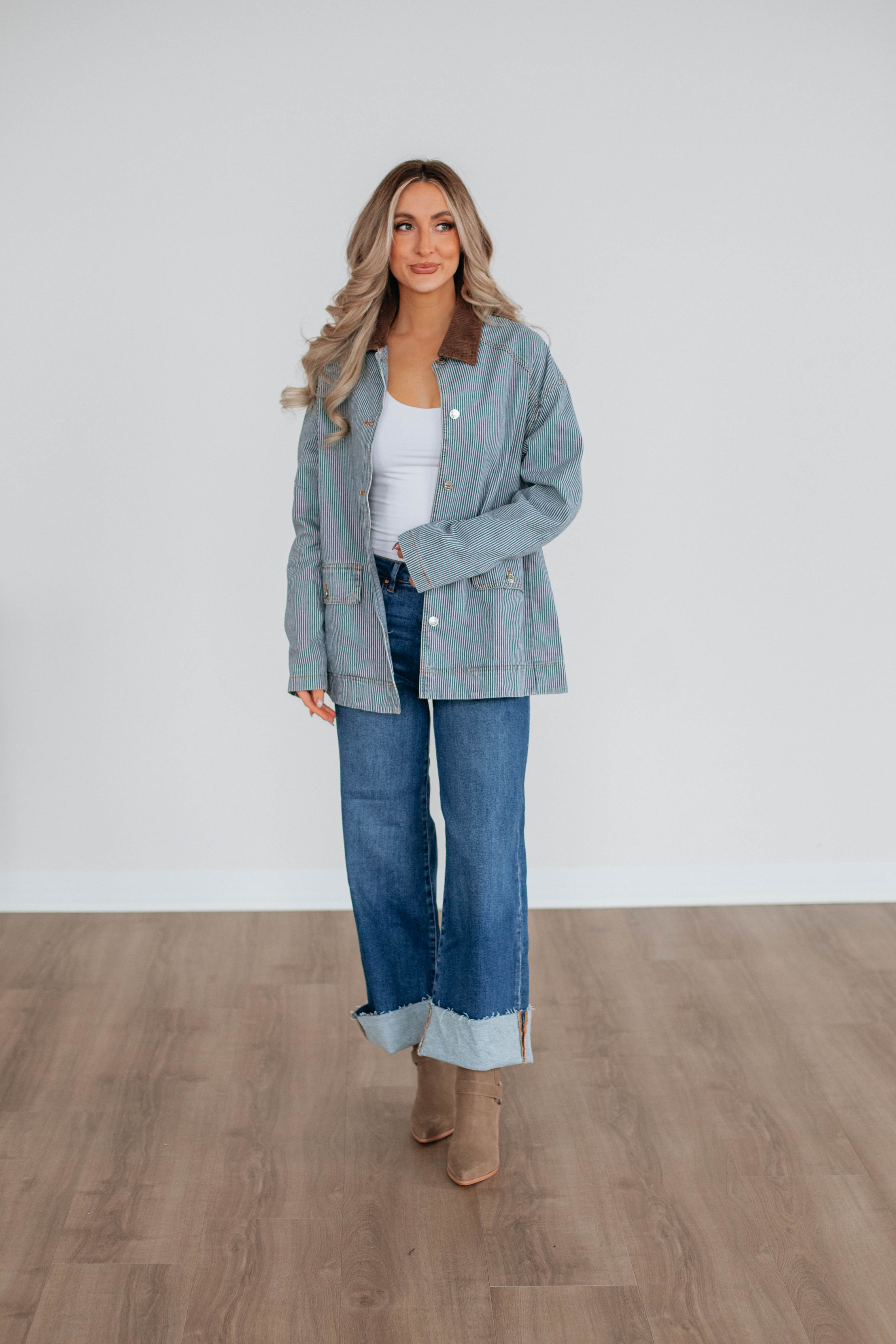 Harlan Striped Denim Jacket for Women - Light Wash Distressed Vintage Style - Perfect for Casual Outfits, Streetwear & Spring Layering