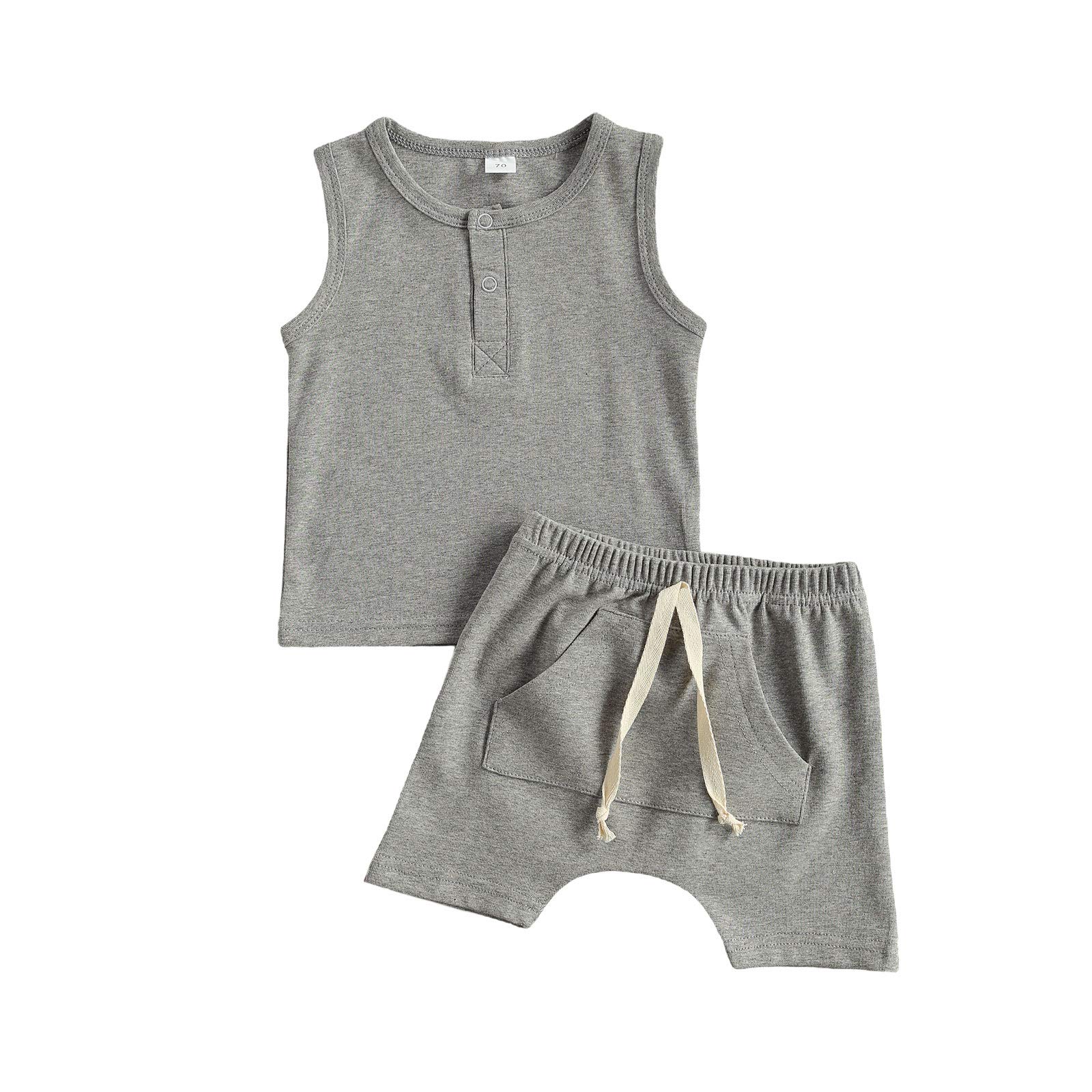 Newborn Baby Boys Summer Outfit Set - Sleeveless Button T-Shirt & Drawstring Shorts with Pockets | Soft Cotton Summer Clothes for Boys 0-24 Months | Perfect for Playtime, Beach Trips, and Family Outings