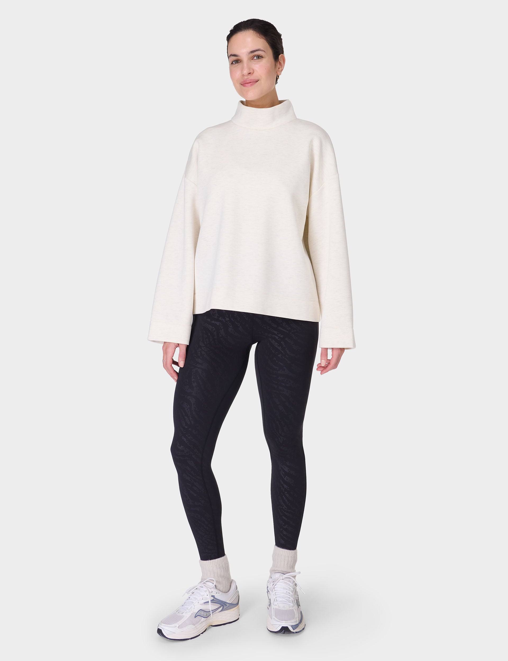 Cozy Wind Down Funnel Neck Sweatshirt - Soft White Marl Pullover for Women | Perfect for Relaxing at Home, Lounging & Casual Outfits