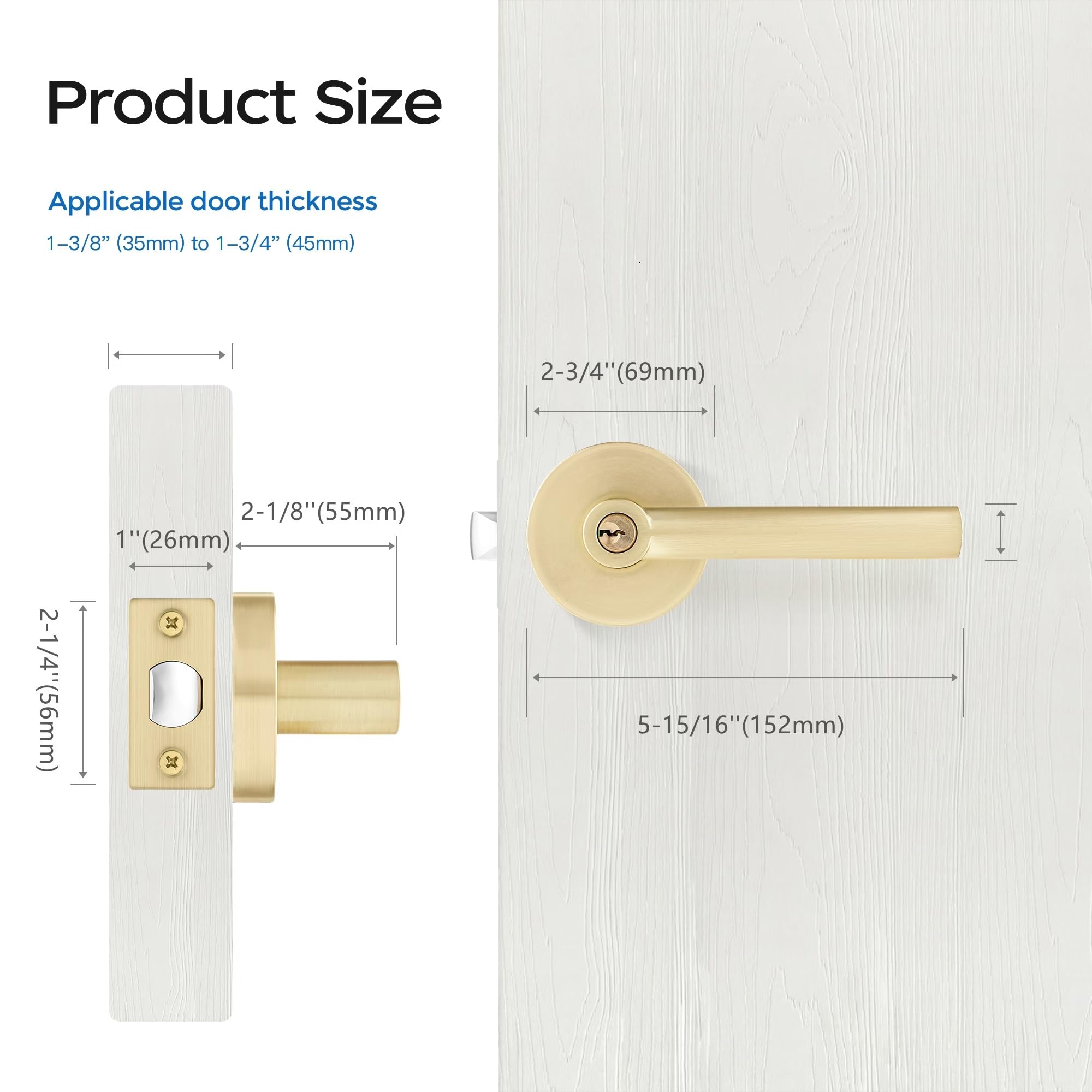 Leydebong 3 Pack Heavy Duty Exterior Door Handleset with Lock & Key - Keyed Alike, Gold Lever Handle for Left or Right Hand Doors | Secure Entry for Homes, Offices & Apartments
